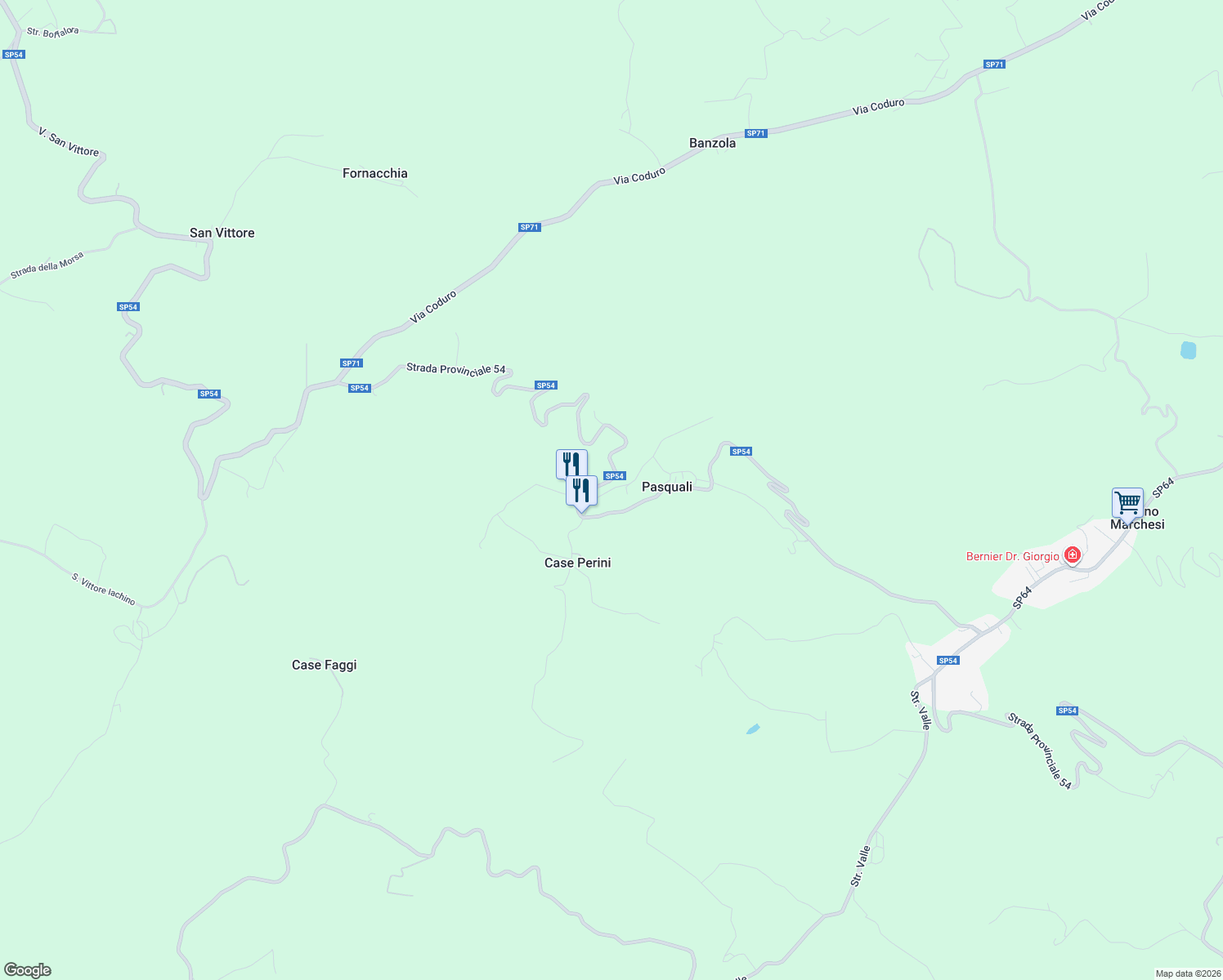 map of restaurants, bars, coffee shops, grocery stores, and more near 1092 Frazione Varano Marchesi in Ca' Monica-pasquali