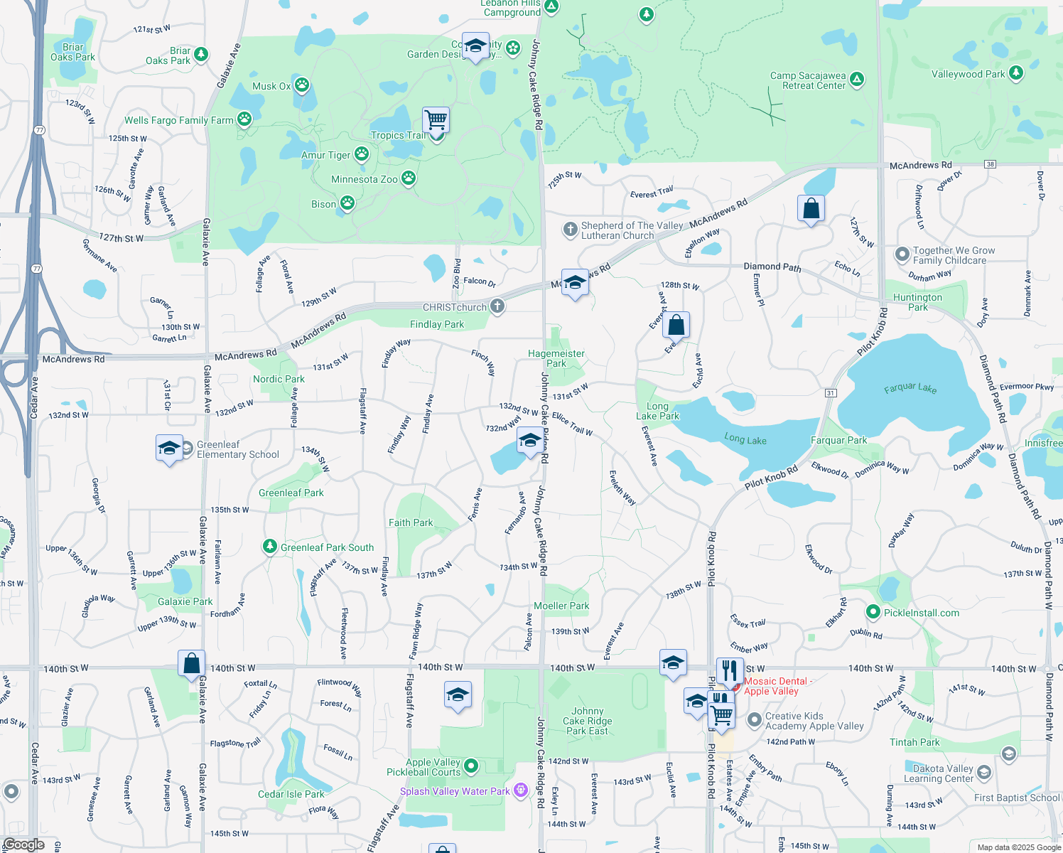 map of restaurants, bars, coffee shops, grocery stores, and more near 6032 132nd Street West in Apple Valley