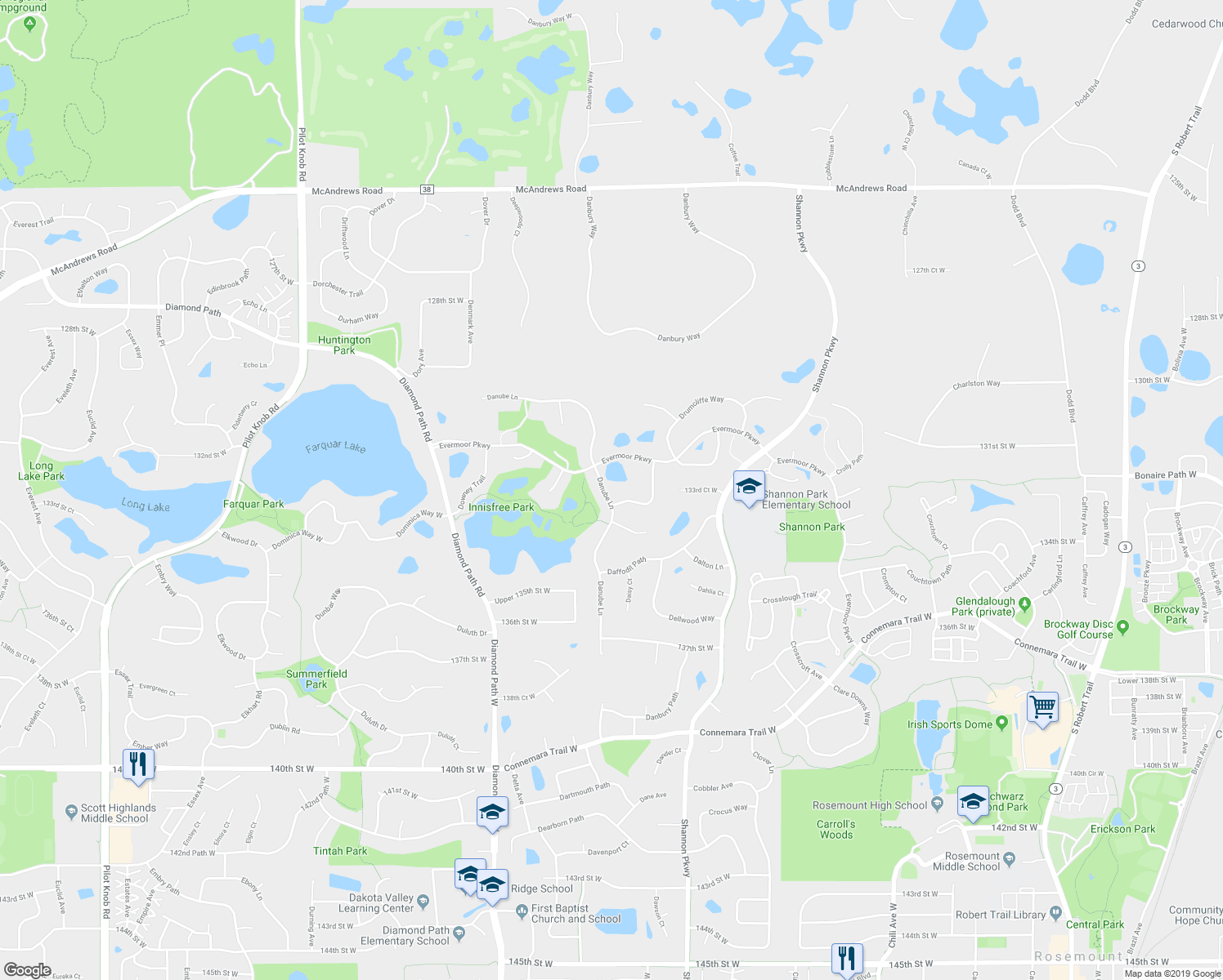 map of restaurants, bars, coffee shops, grocery stores, and more near 13318 Danube Lane in Rosemount