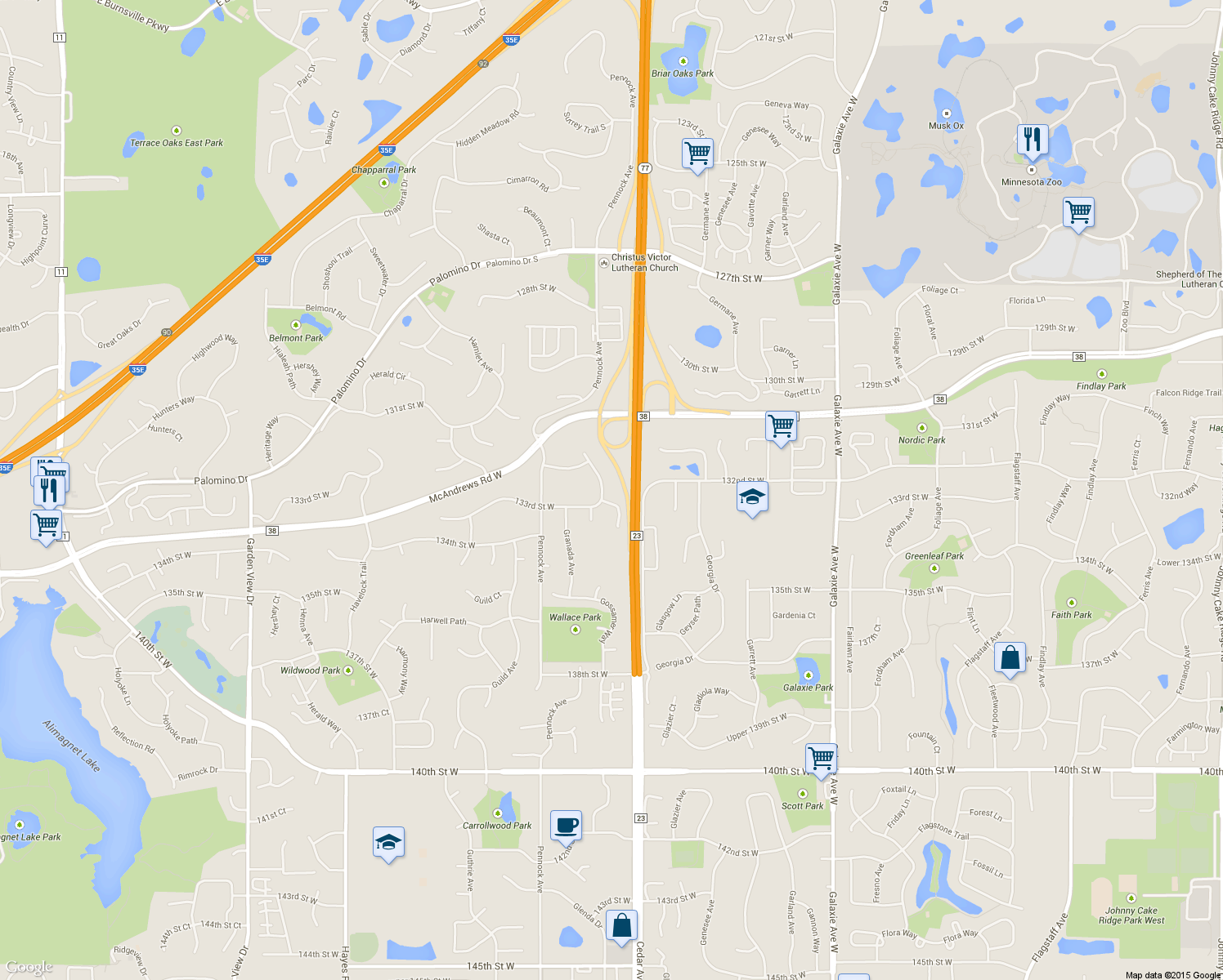 map of restaurants, bars, coffee shops, grocery stores, and more near 13272 Glenhaven Avenue in Apple Valley