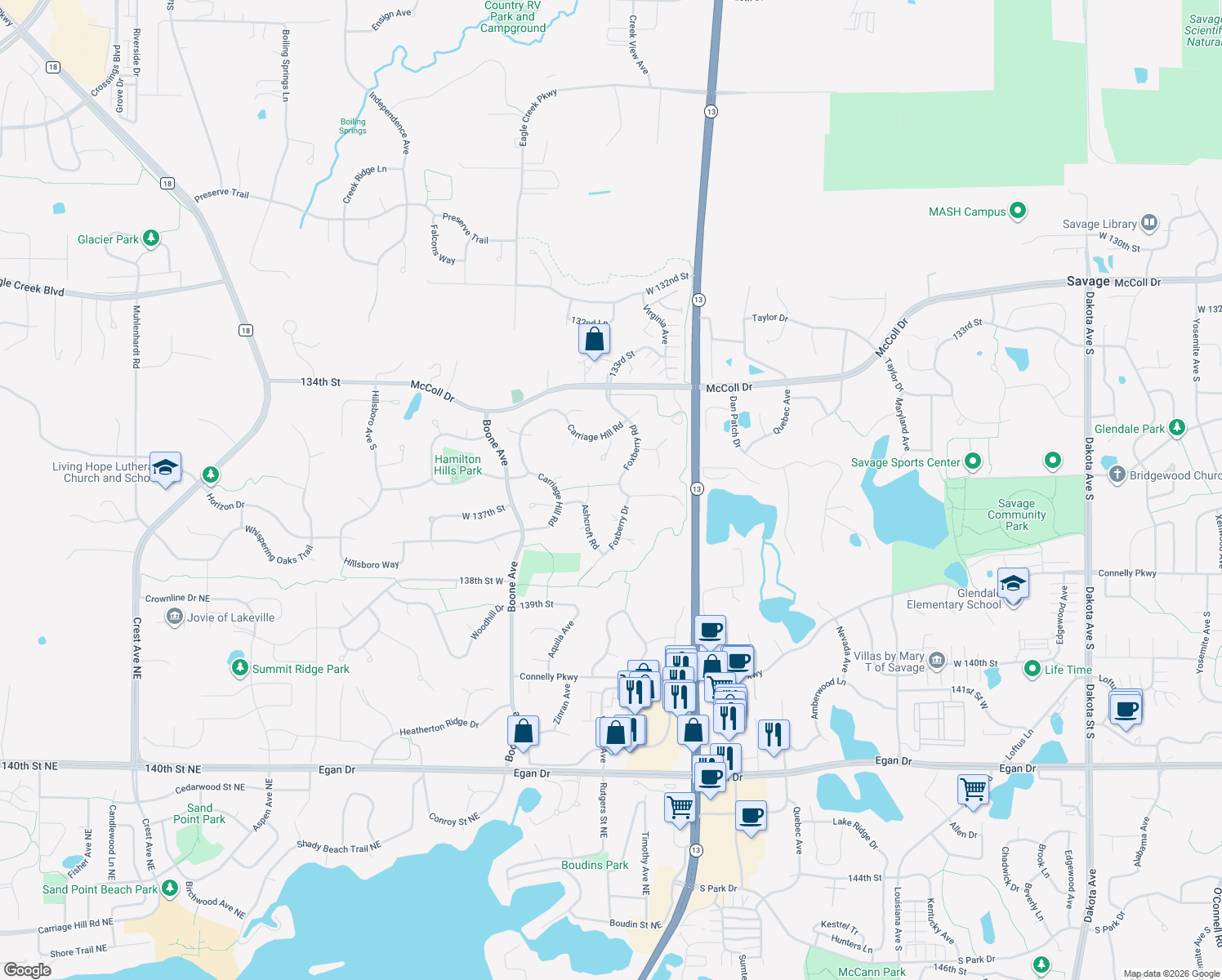 map of restaurants, bars, coffee shops, grocery stores, and more near 13578 Foxberry Rd in Savage