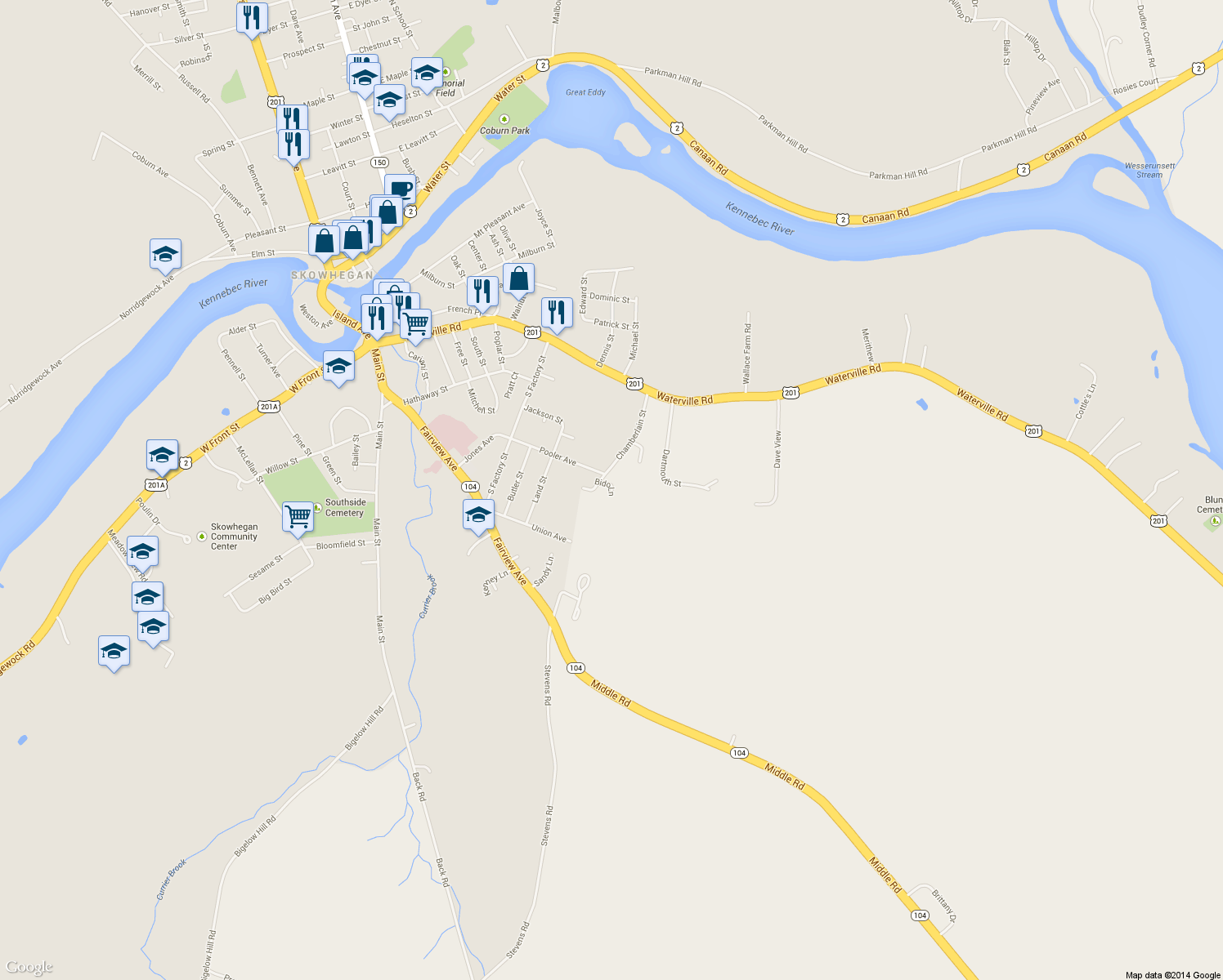 map of restaurants, bars, coffee shops, grocery stores, and more near 11 Bido Lane in Skowhegan