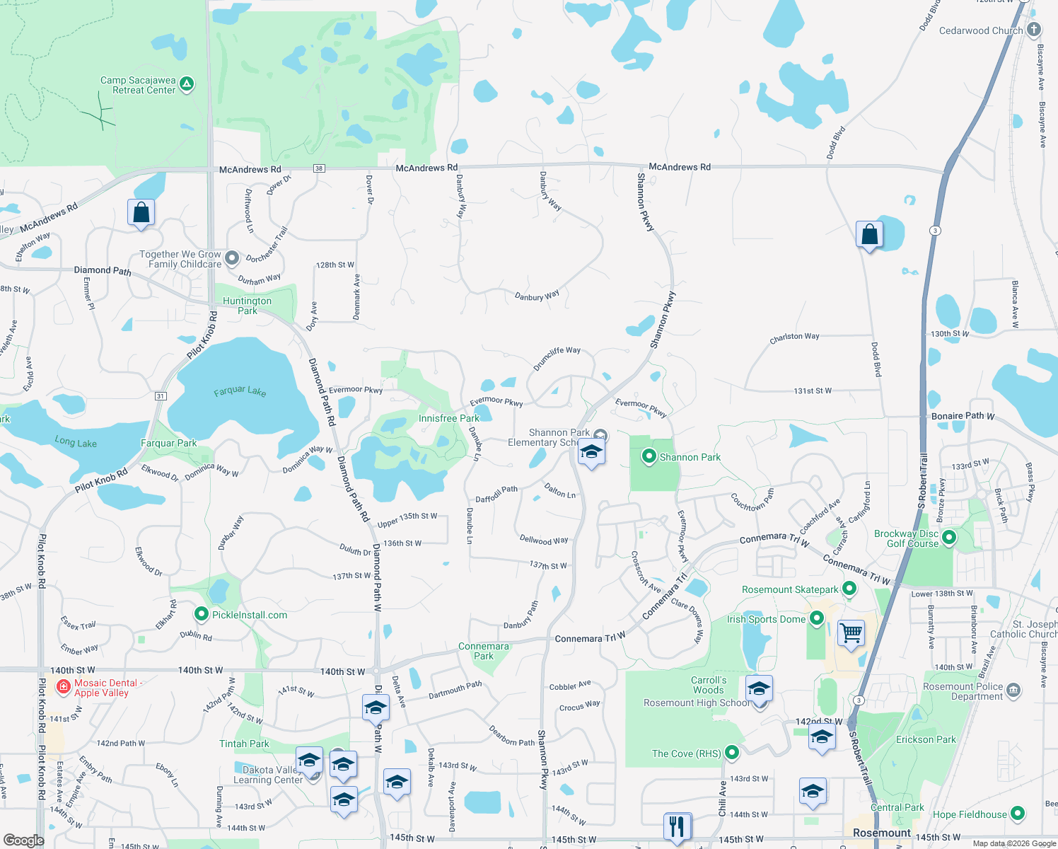 map of restaurants, bars, coffee shops, grocery stores, and more near 4051 133rd Court West in Rosemount