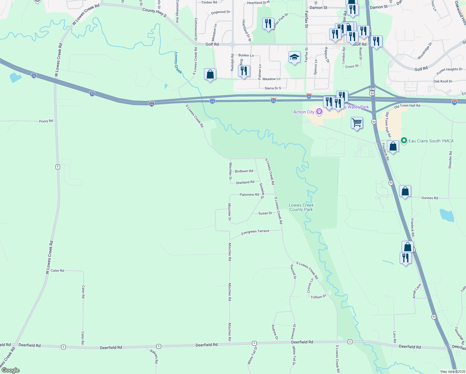 map of restaurants, bars, coffee shops, grocery stores, and more near 1605 Shetland Road in Eau Claire