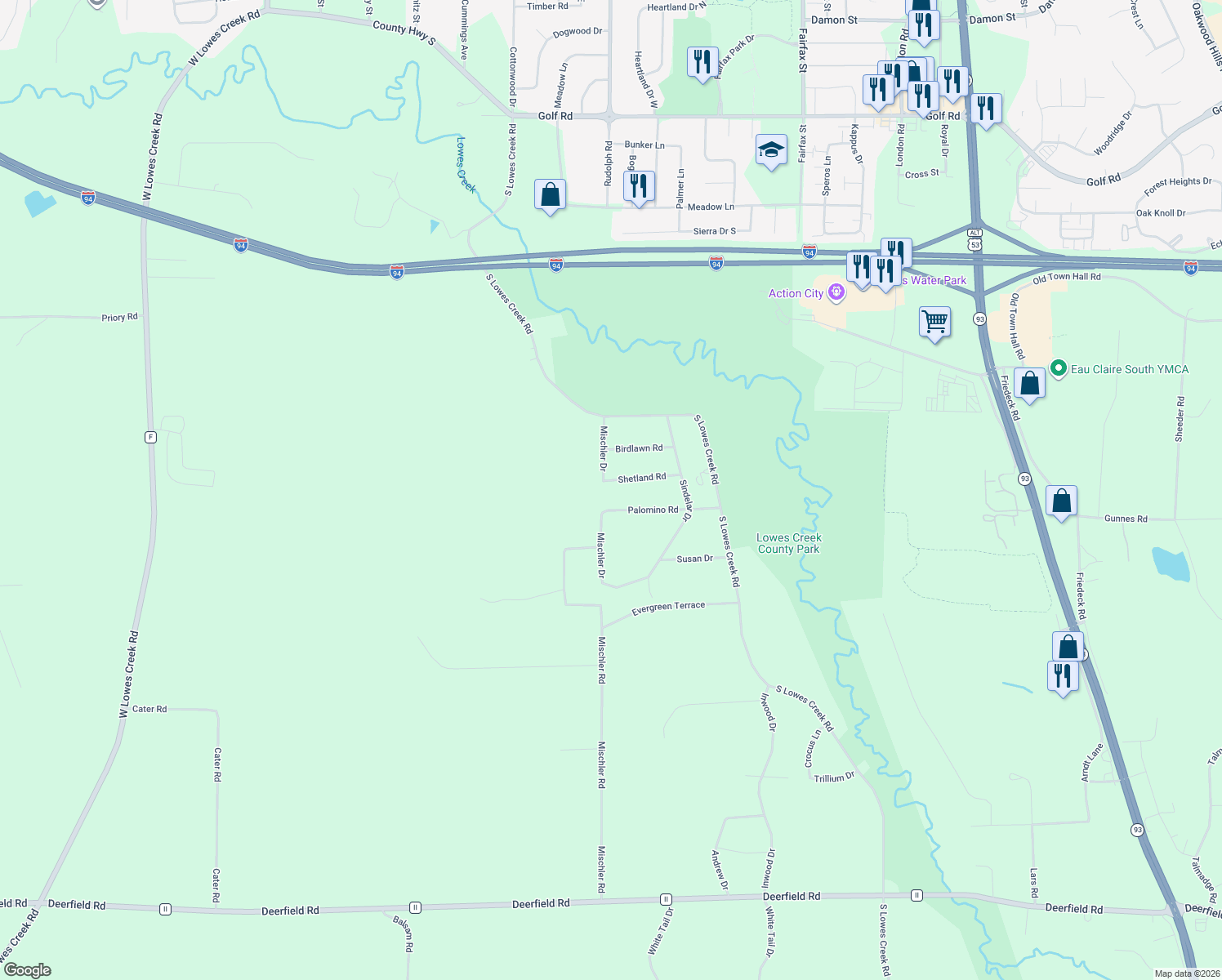 map of restaurants, bars, coffee shops, grocery stores, and more near 1605 Shetland Road in Eau Claire