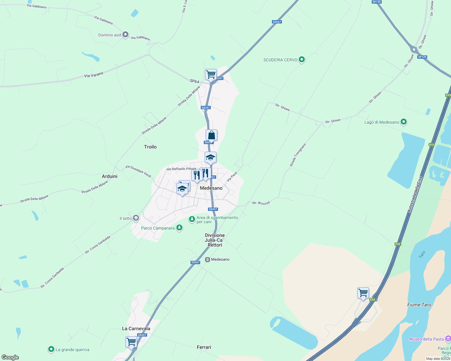 map of restaurants, bars, coffee shops, grocery stores, and more near 23 Via Pace in Medesano