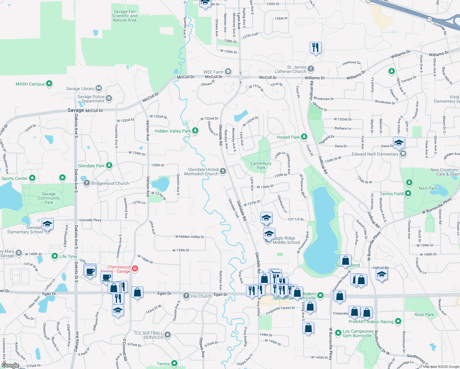 map of restaurants, bars, coffee shops, grocery stores, and more near 13560 Glendale Trail in Savage