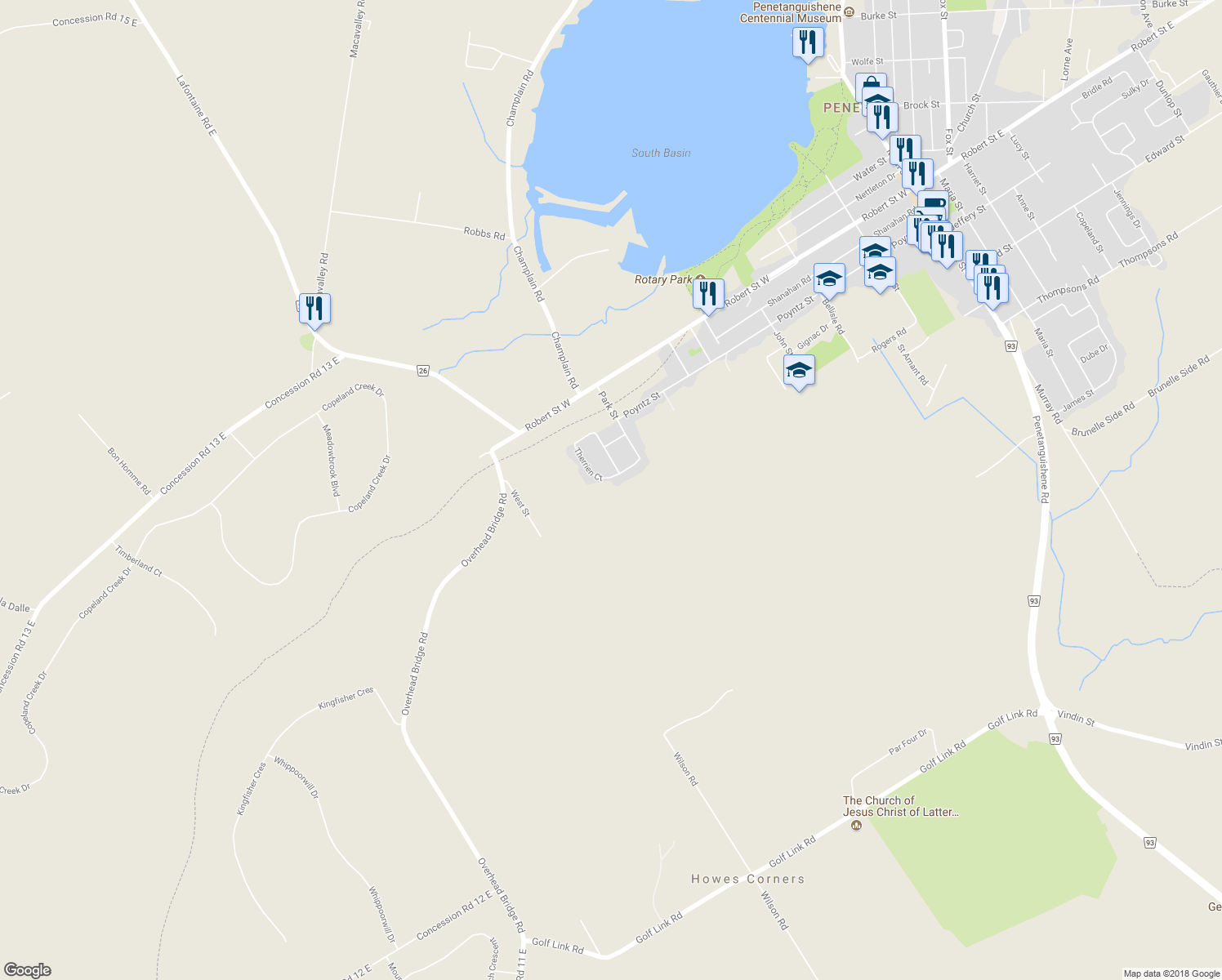 map of restaurants, bars, coffee shops, grocery stores, and more near 53 Therrien Court in Penetanguishene