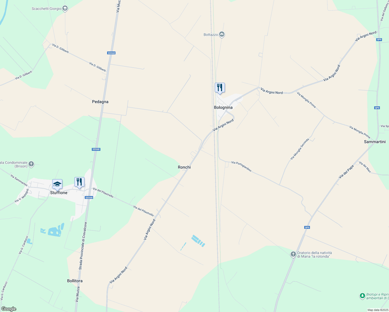 map of restaurants, bars, coffee shops, grocery stores, and more near 3579 Via Argini Nord in Ronchi