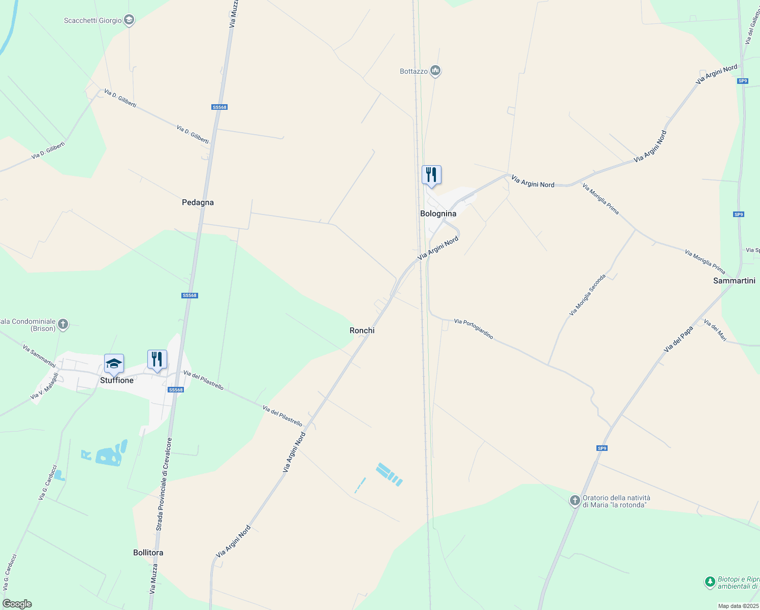 map of restaurants, bars, coffee shops, grocery stores, and more near 3579 Via Argini Nord in Ronchi