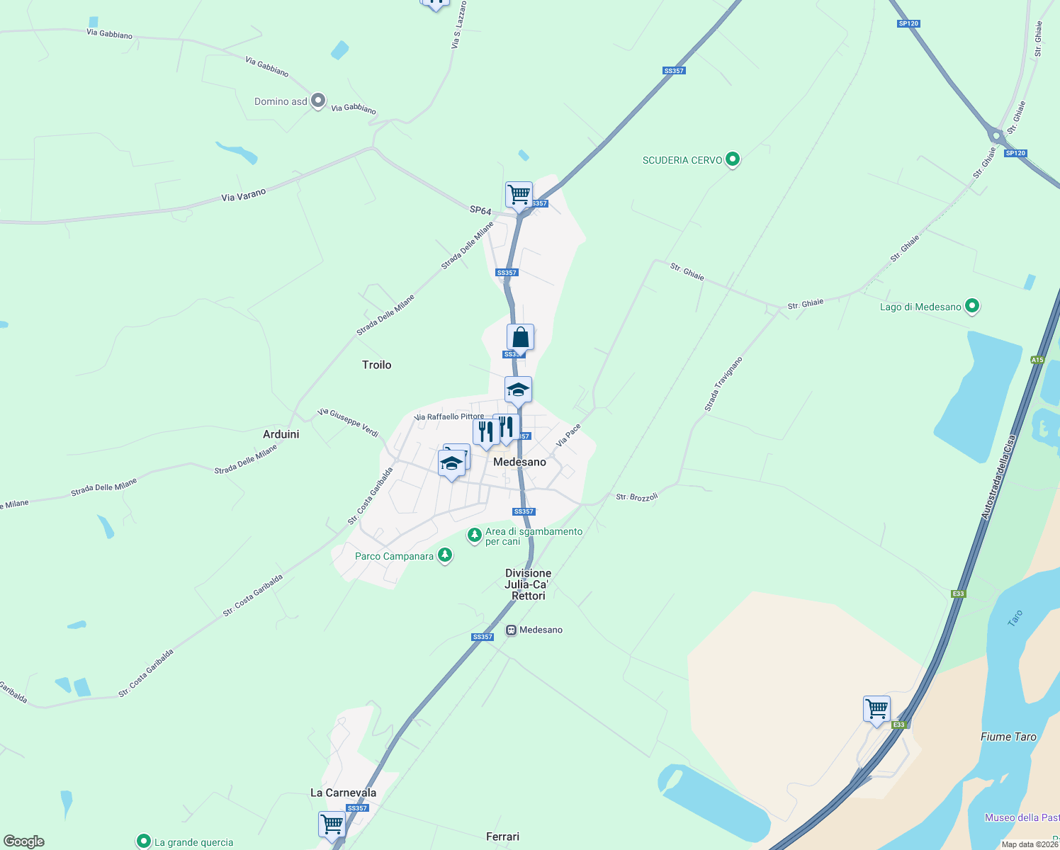 map of restaurants, bars, coffee shops, grocery stores, and more near 4 Via Giovanni Pascoli in Medesano