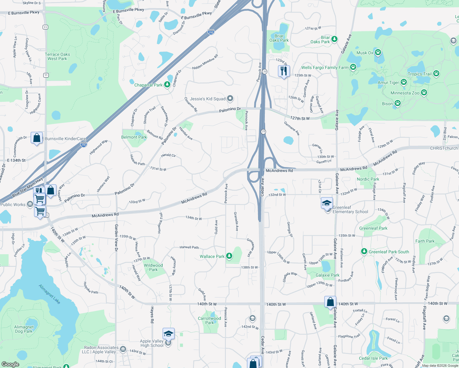 map of restaurants, bars, coffee shops, grocery stores, and more near 7735 Gibralter Terrace in Apple Valley