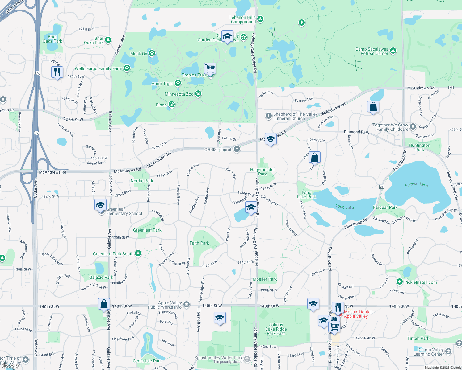 map of restaurants, bars, coffee shops, grocery stores, and more near 13121 Finch Way in Apple Valley