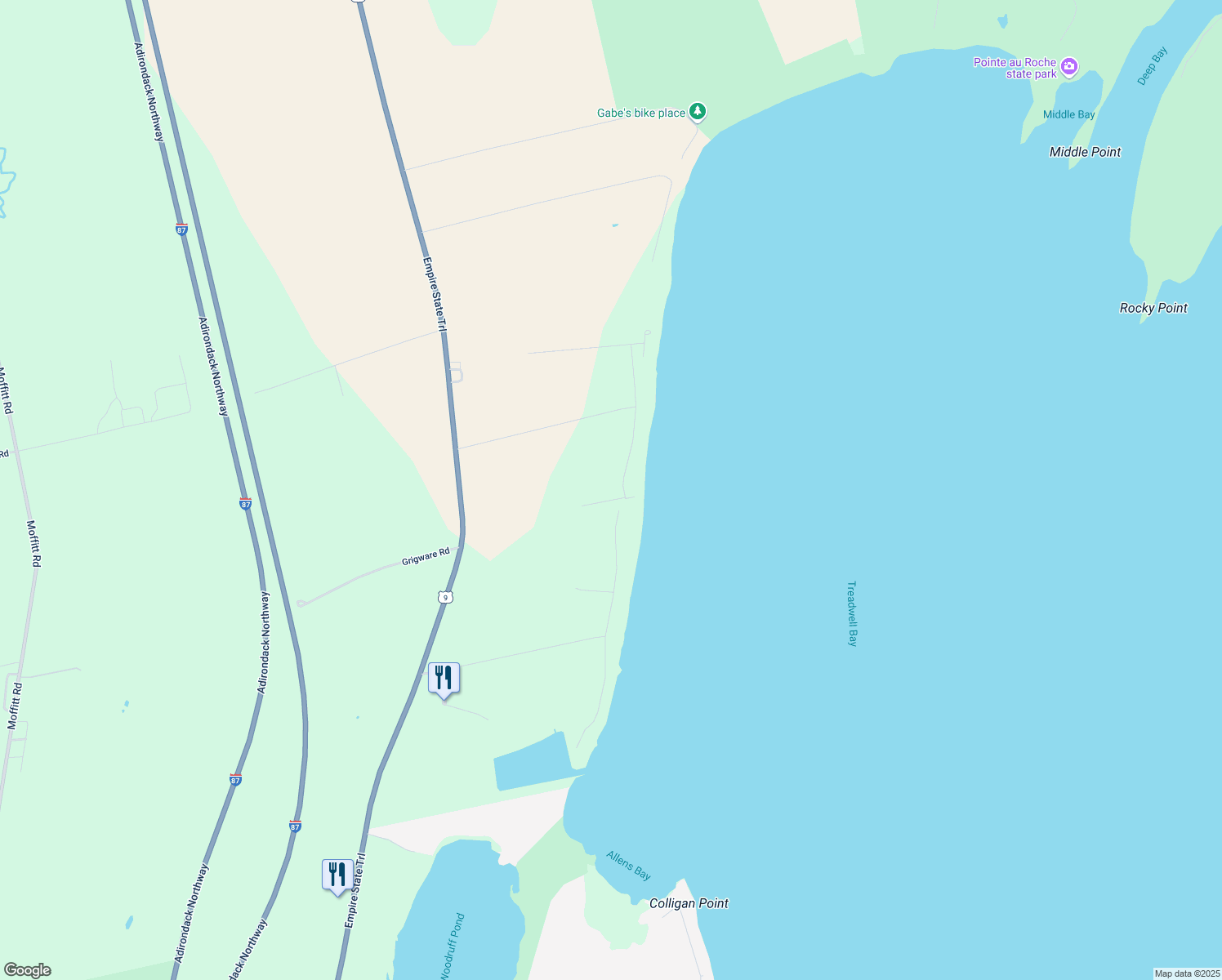 map of restaurants, bars, coffee shops, grocery stores, and more near 105 Sunrise Dr in Plattsburgh