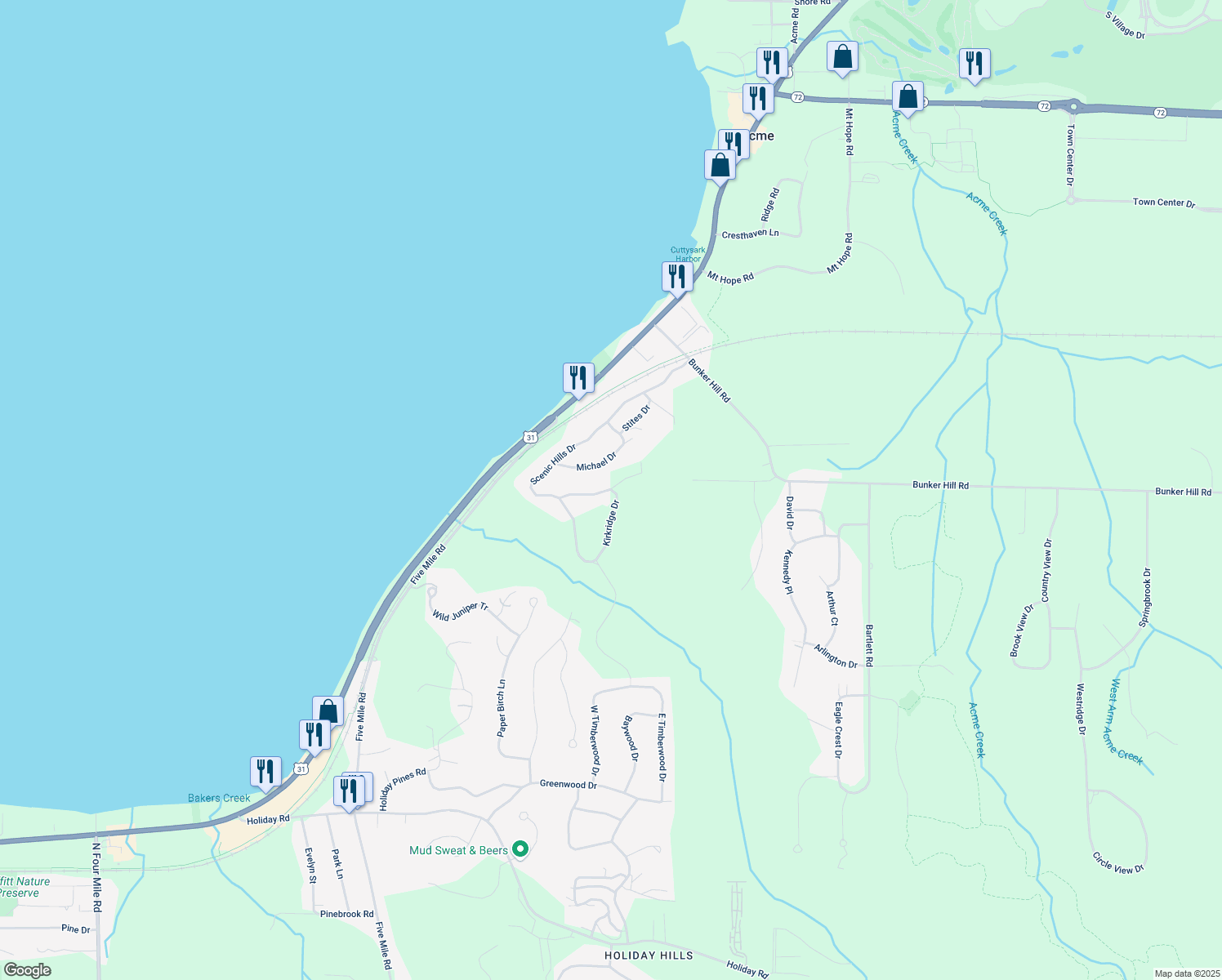 map of restaurants, bars, coffee shops, grocery stores, and more near 3284 Kirkridge Dr in Williamsburg