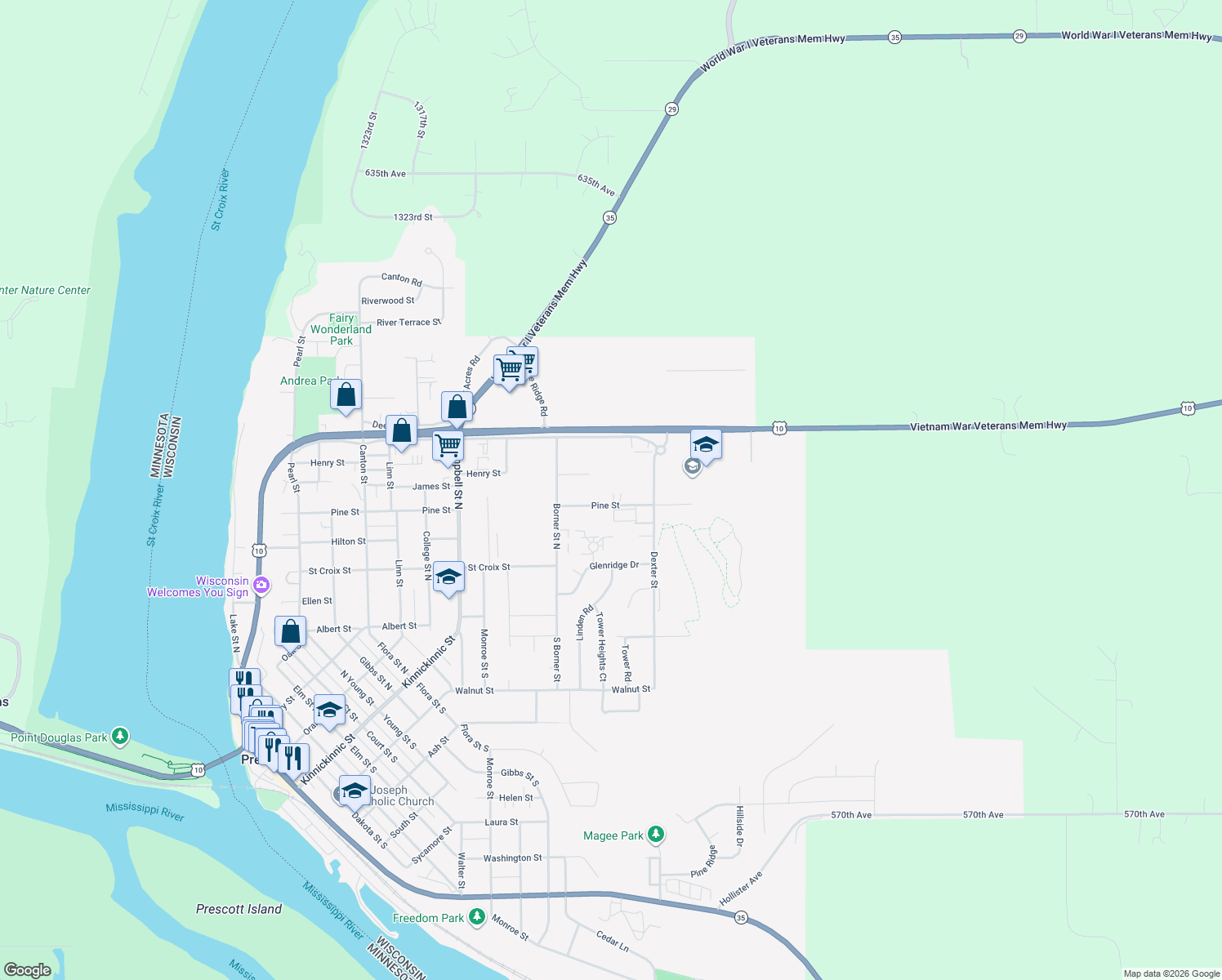 map of restaurants, bars, coffee shops, grocery stores, and more near 1602 Pine Street in Prescott