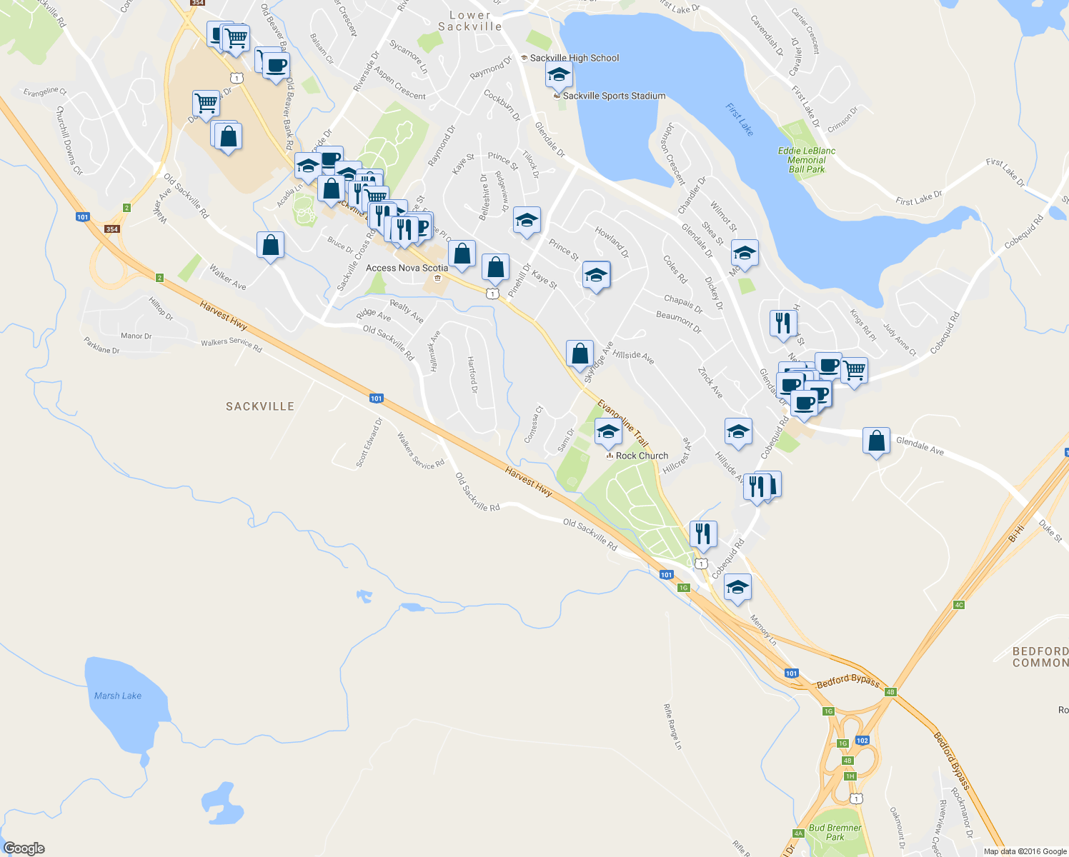 map of restaurants, bars, coffee shops, grocery stores, and more near 32 Contessa Court in Lower Sackville