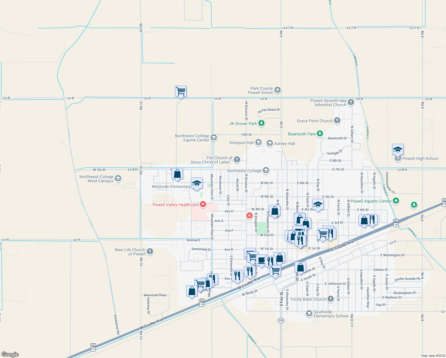 map of restaurants, bars, coffee shops, grocery stores, and more near 619 Shoshone Street in Powell
