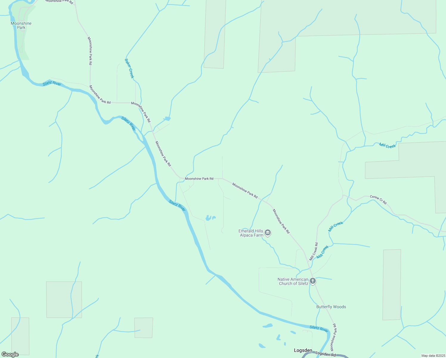map of restaurants, bars, coffee shops, grocery stores, and more near 1367 Moonshine Park Road in Logsden