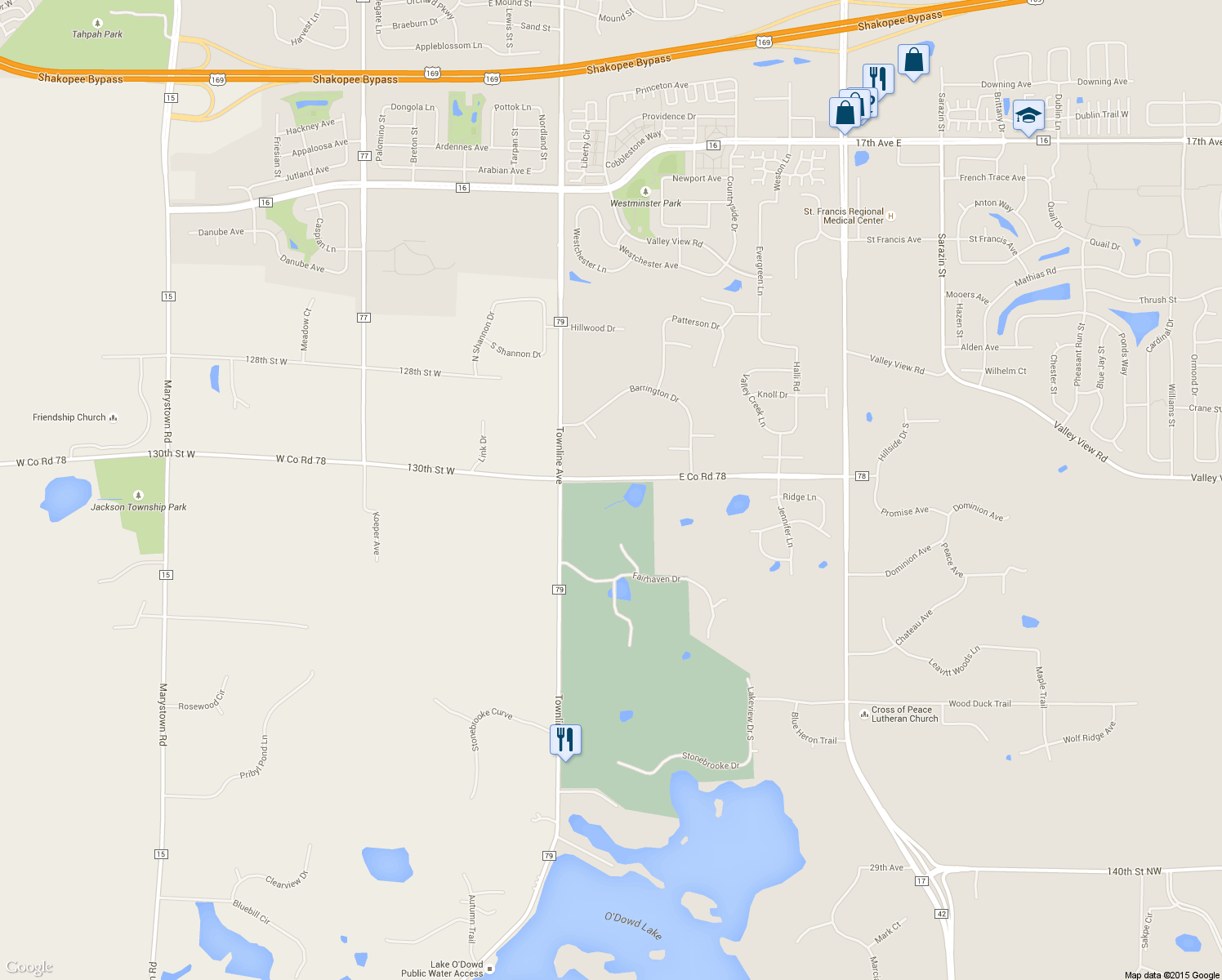 map of restaurants, bars, coffee shops, grocery stores, and more near 614 East Co Road 78 in Shakopee