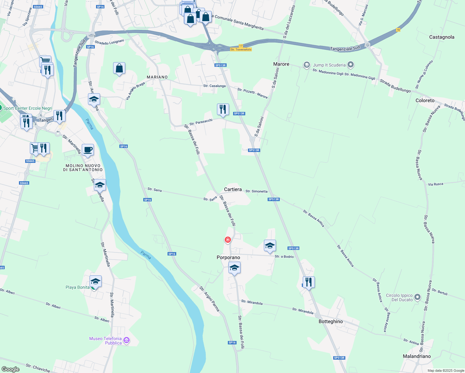 map of restaurants, bars, coffee shops, grocery stores, and more near 112 Strada Bassa dei Folli in Cartiera