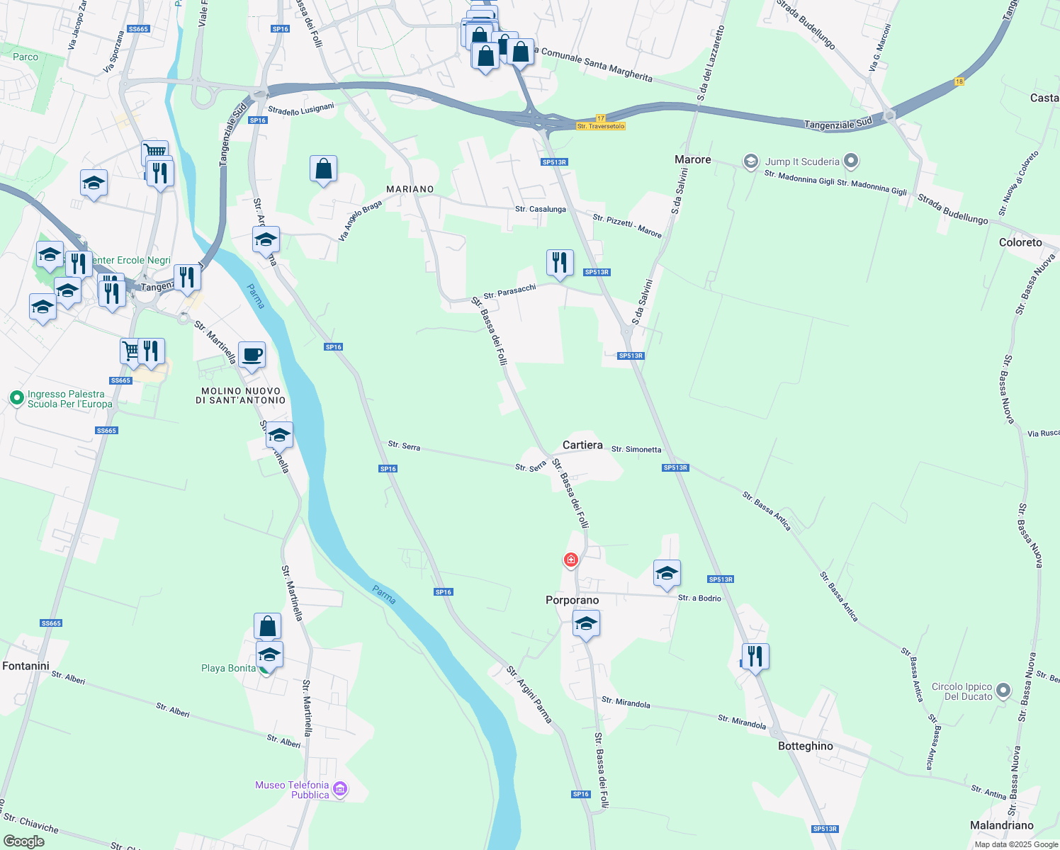 map of restaurants, bars, coffee shops, grocery stores, and more near 94-112 Strada Bassa dei Folli in Parma