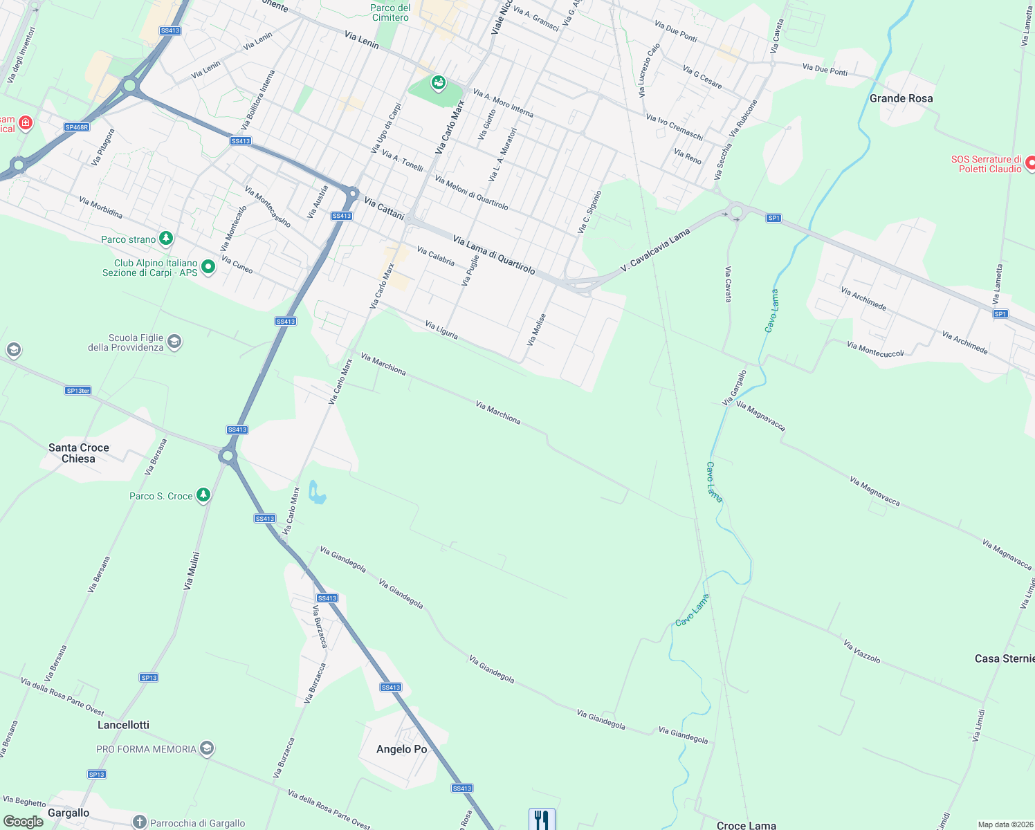 map of restaurants, bars, coffee shops, grocery stores, and more near 3 Via Marchiona in Provincia di Modena