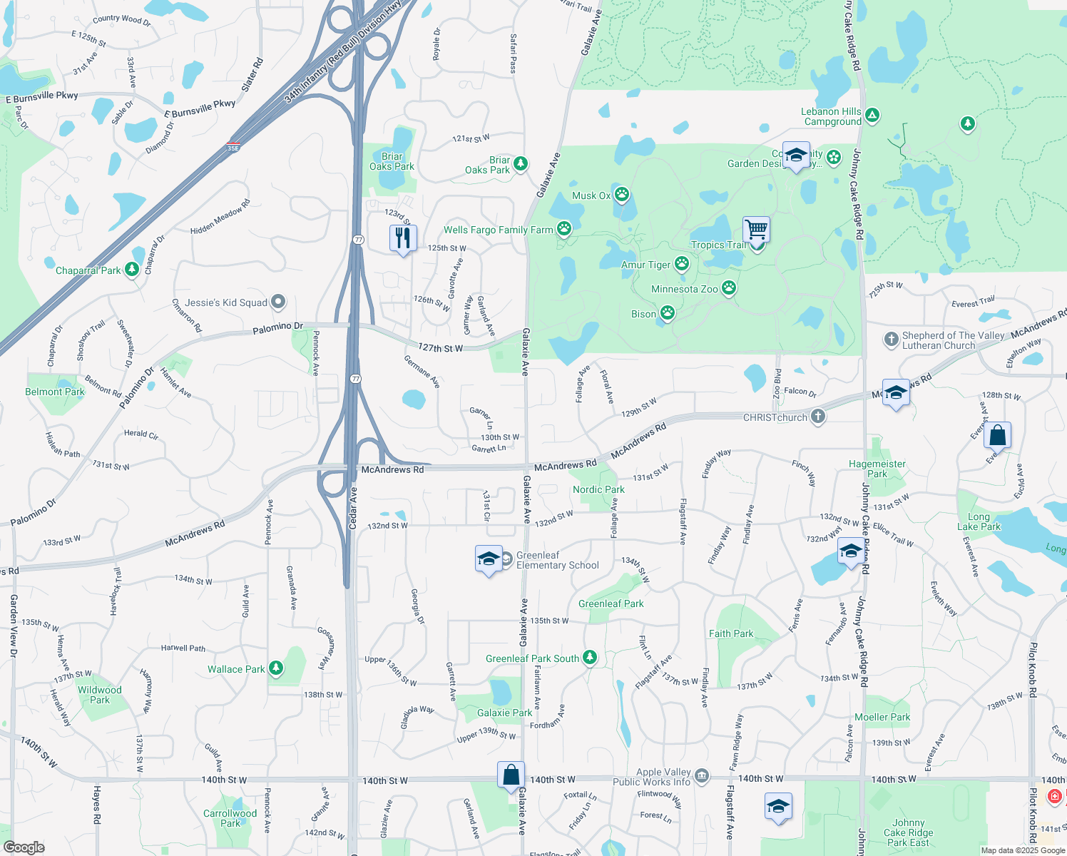 map of restaurants, bars, coffee shops, grocery stores, and more near 12885 Forest Court in Apple Valley