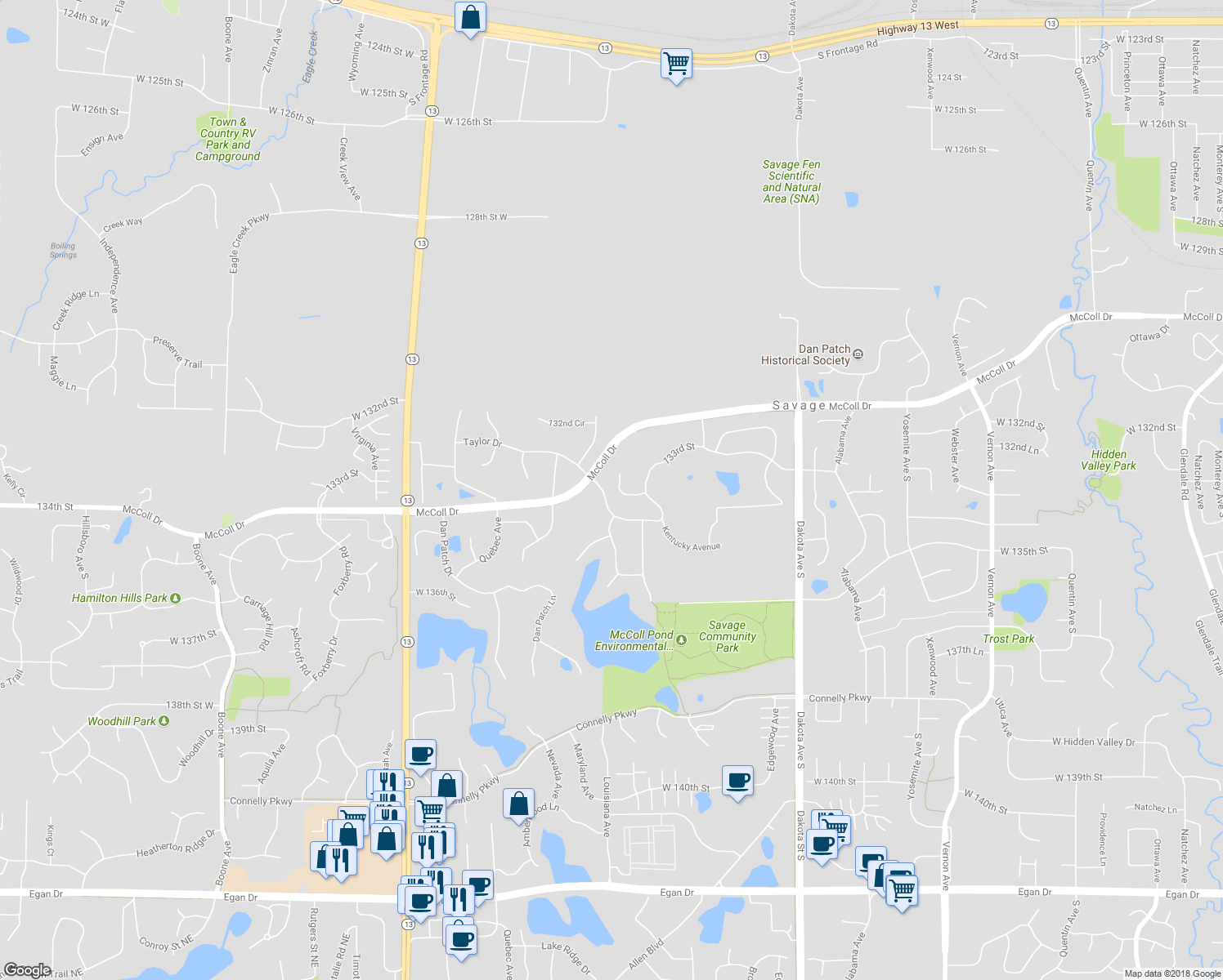 map of restaurants, bars, coffee shops, grocery stores, and more near 7017 133rd Court in Savage