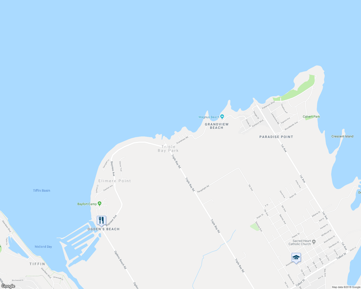 map of restaurants, bars, coffee shops, grocery stores, and more near 25 Grandview Road in Port McNicoll