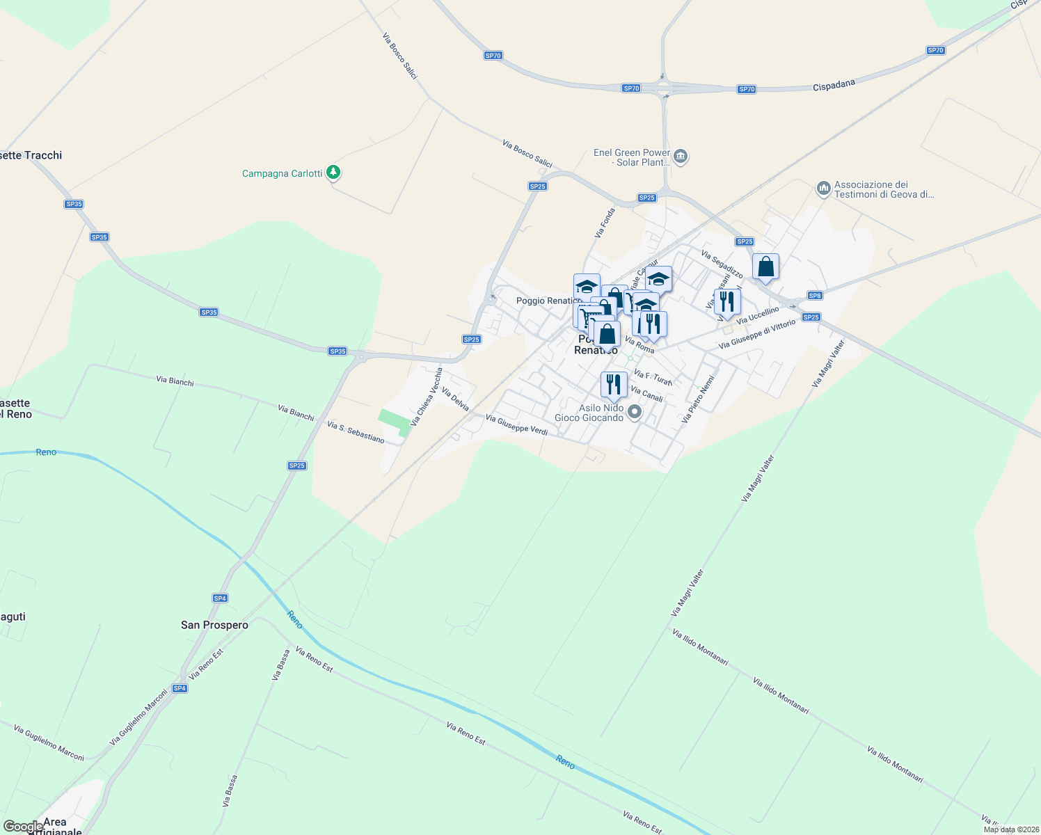 map of restaurants, bars, coffee shops, grocery stores, and more near 48 Via Giuseppe Verdi in Poggio Renatico