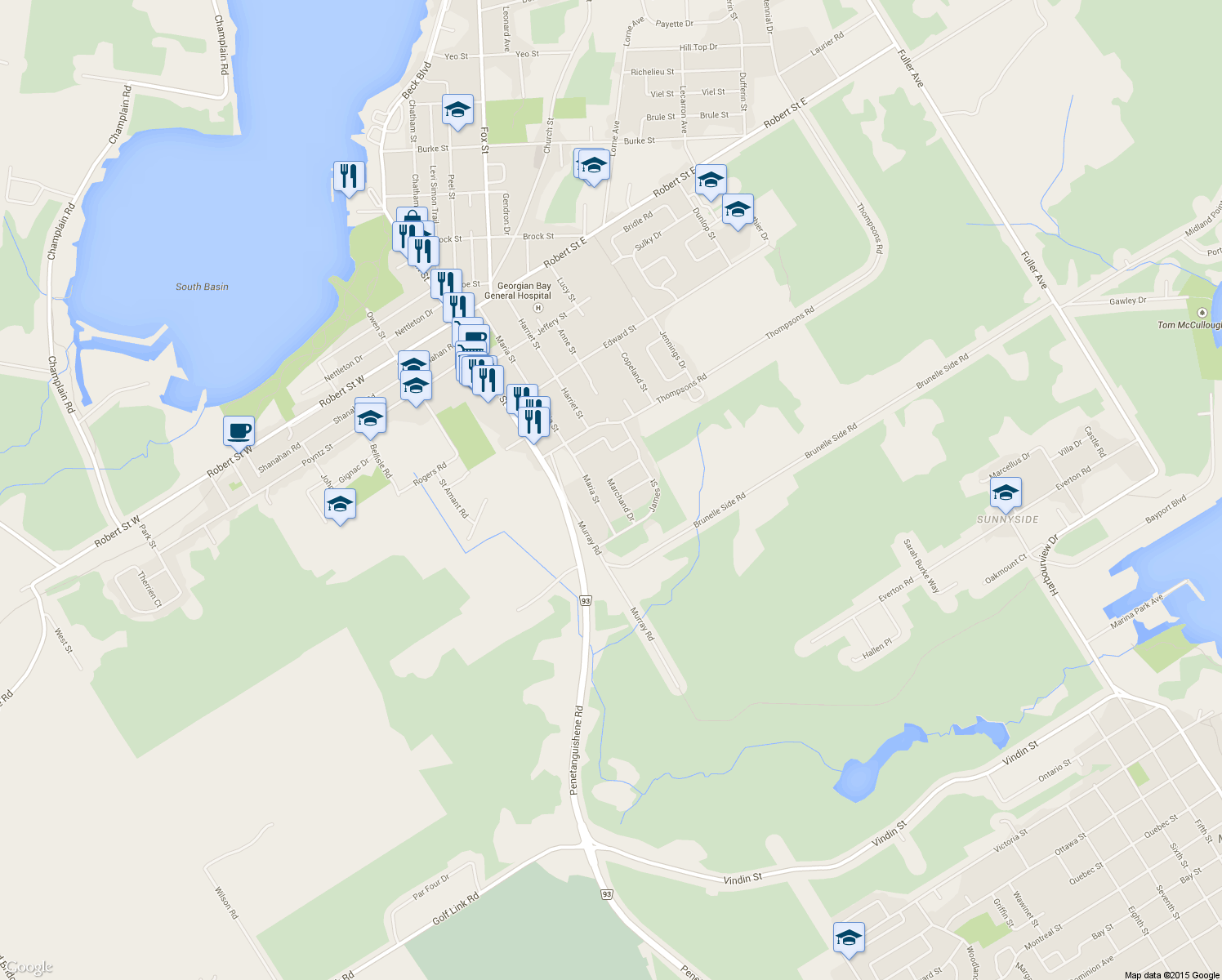 map of restaurants, bars, coffee shops, grocery stores, and more near 24 Marchand Drive in Penetanguishene