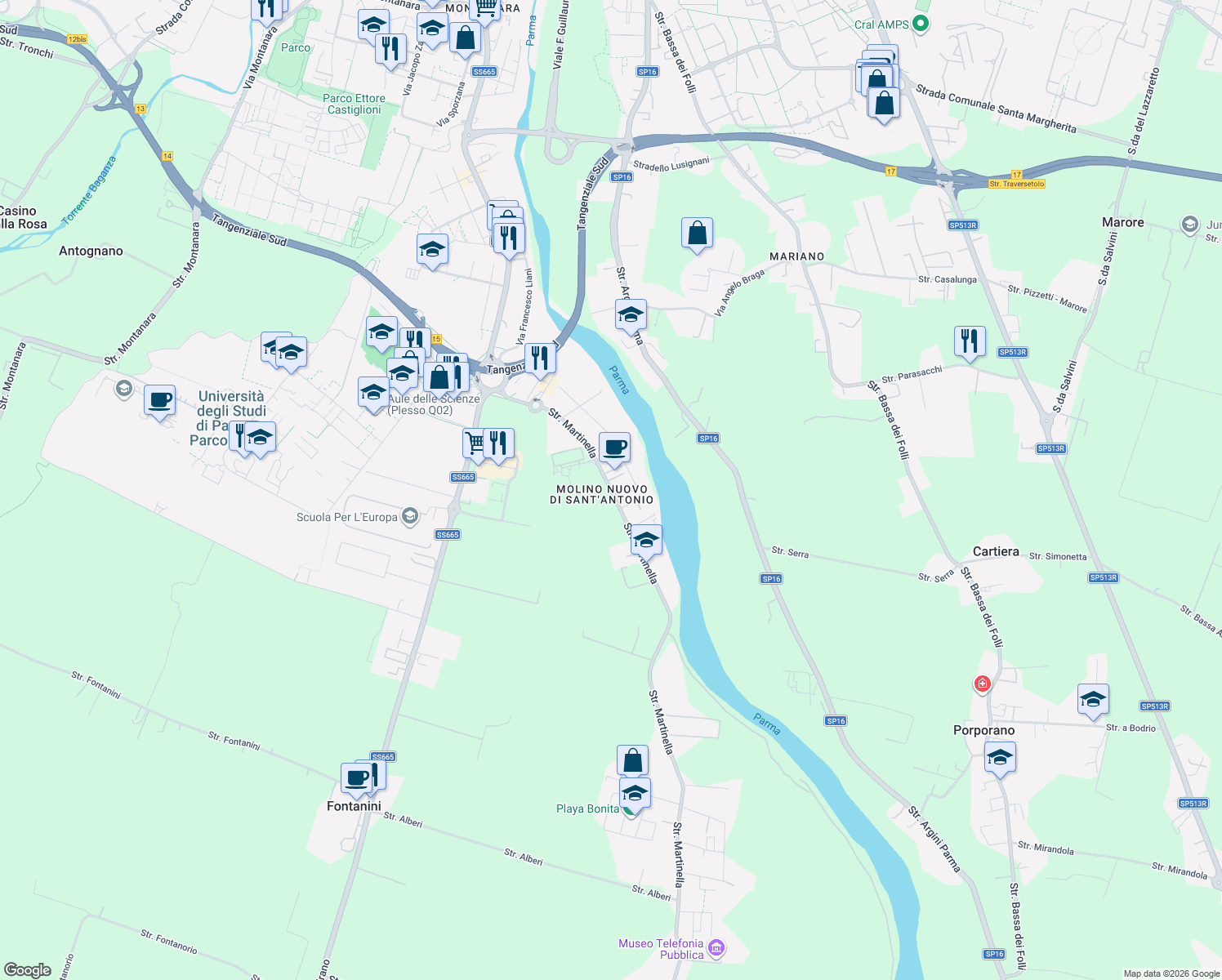 map of restaurants, bars, coffee shops, grocery stores, and more near 1-113 Strada Martinella in Parma