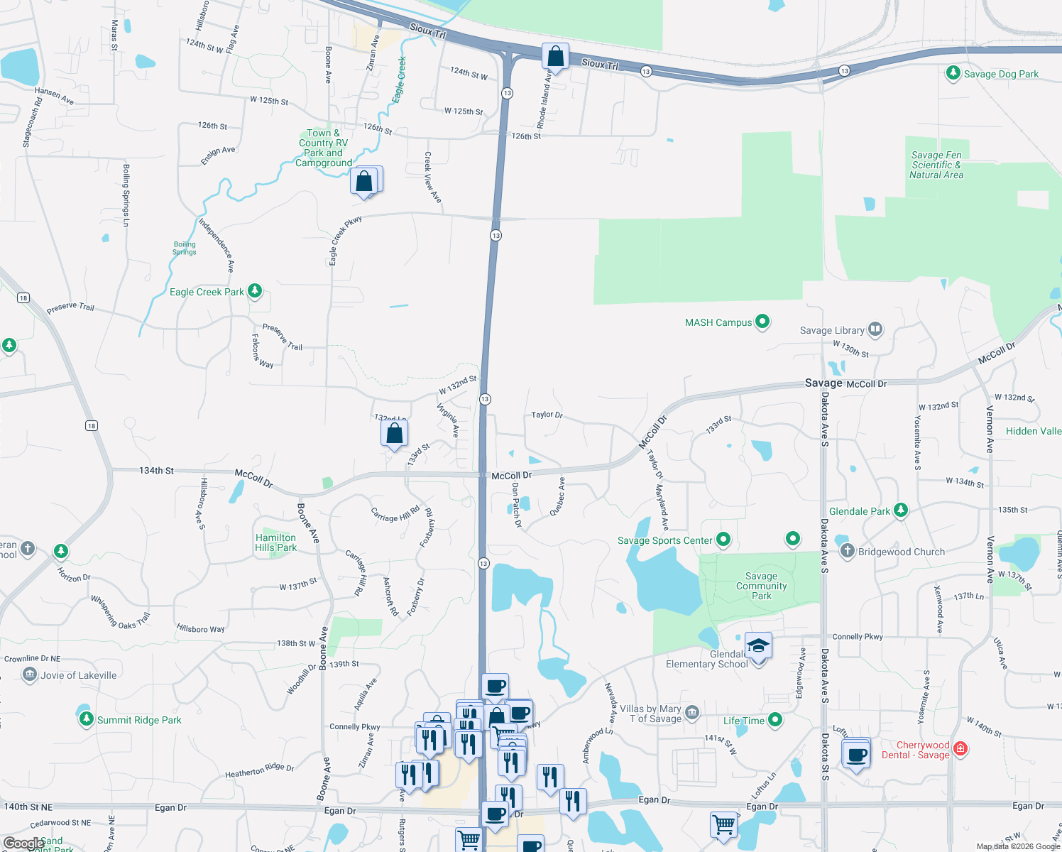 map of restaurants, bars, coffee shops, grocery stores, and more near 13257 Quebec Avenue in Savage