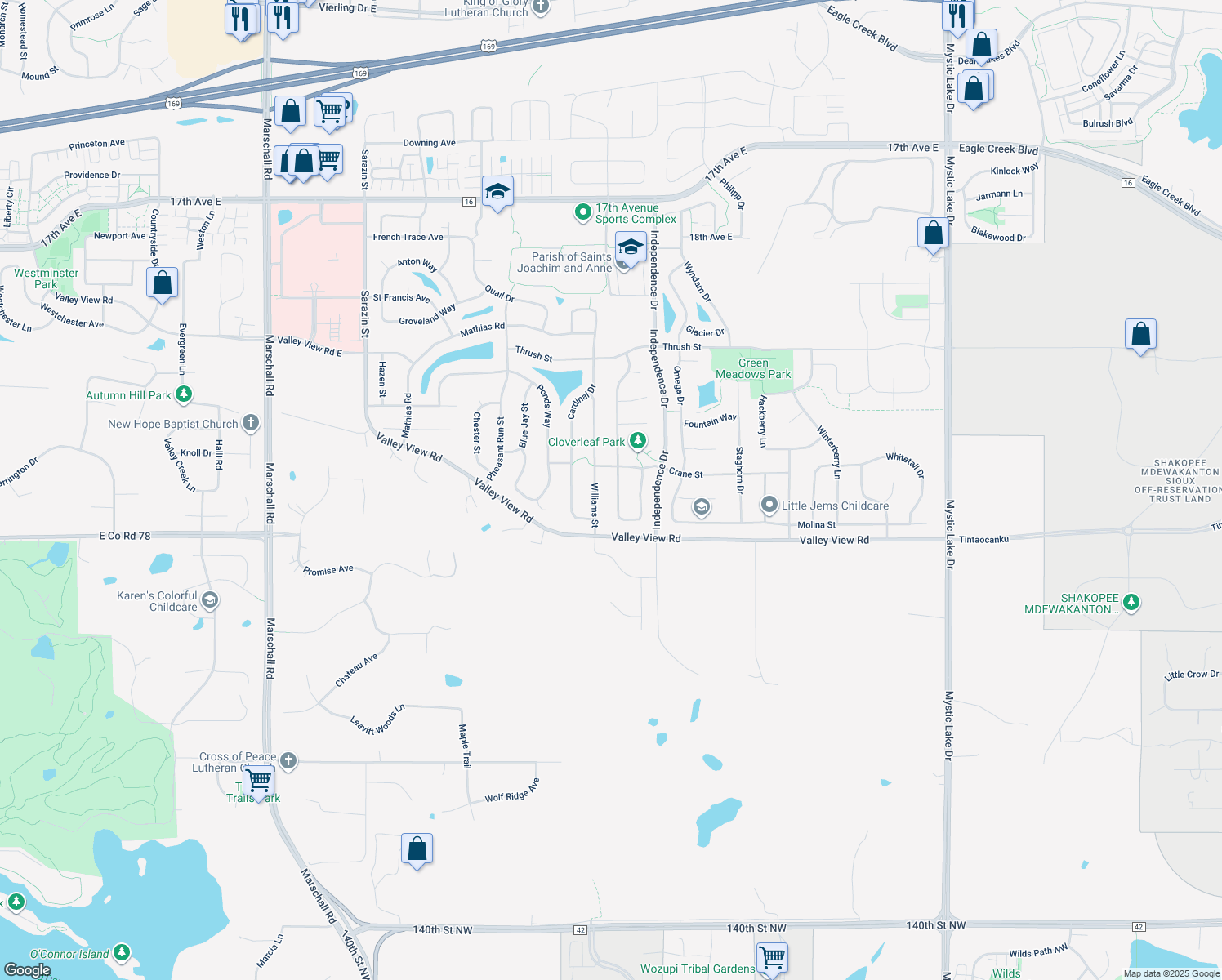 map of restaurants, bars, coffee shops, grocery stores, and more near 2106 Ormond Drive in Shakopee