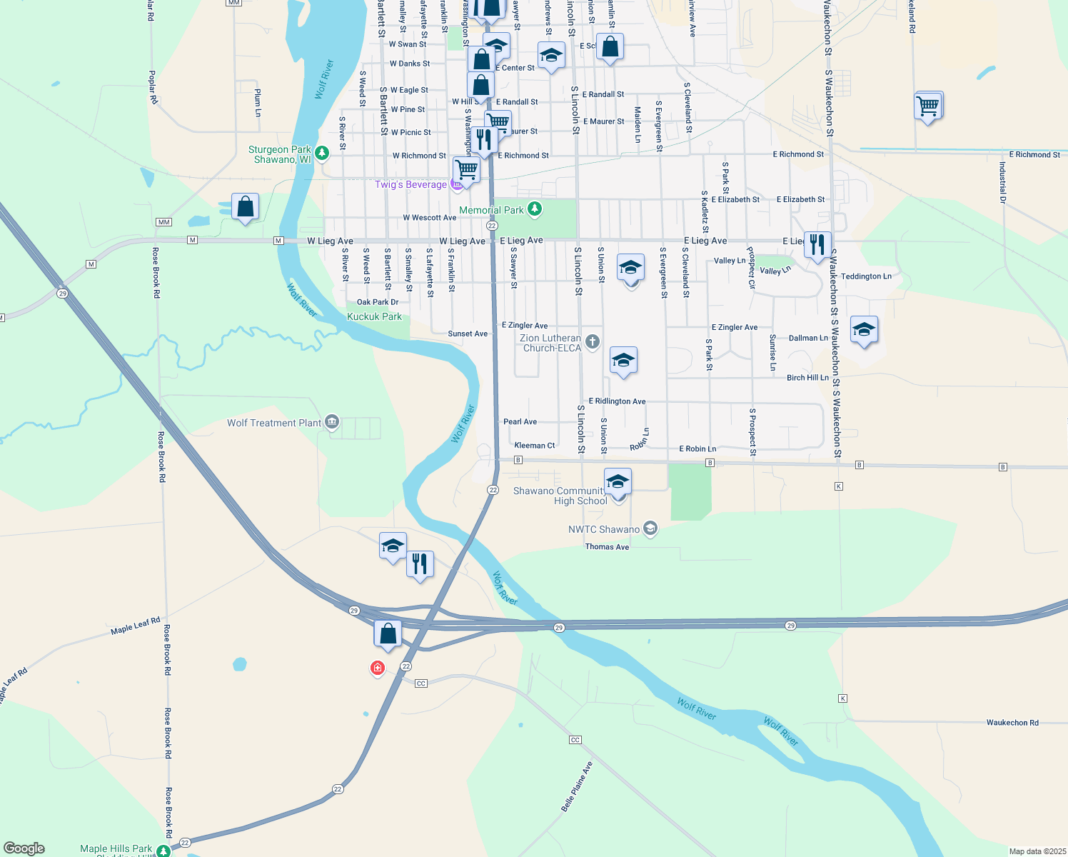 map of restaurants, bars, coffee shops, grocery stores, and more near 241 Pearl Avenue in Shawano