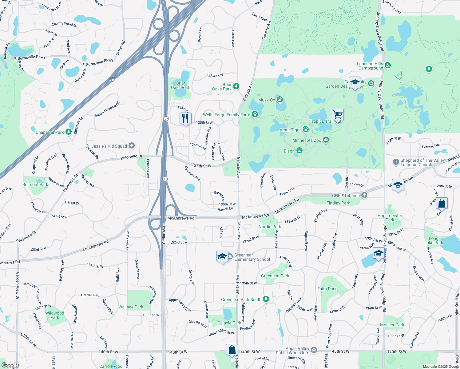 map of restaurants, bars, coffee shops, grocery stores, and more near 7034 128th Street Court in Apple Valley