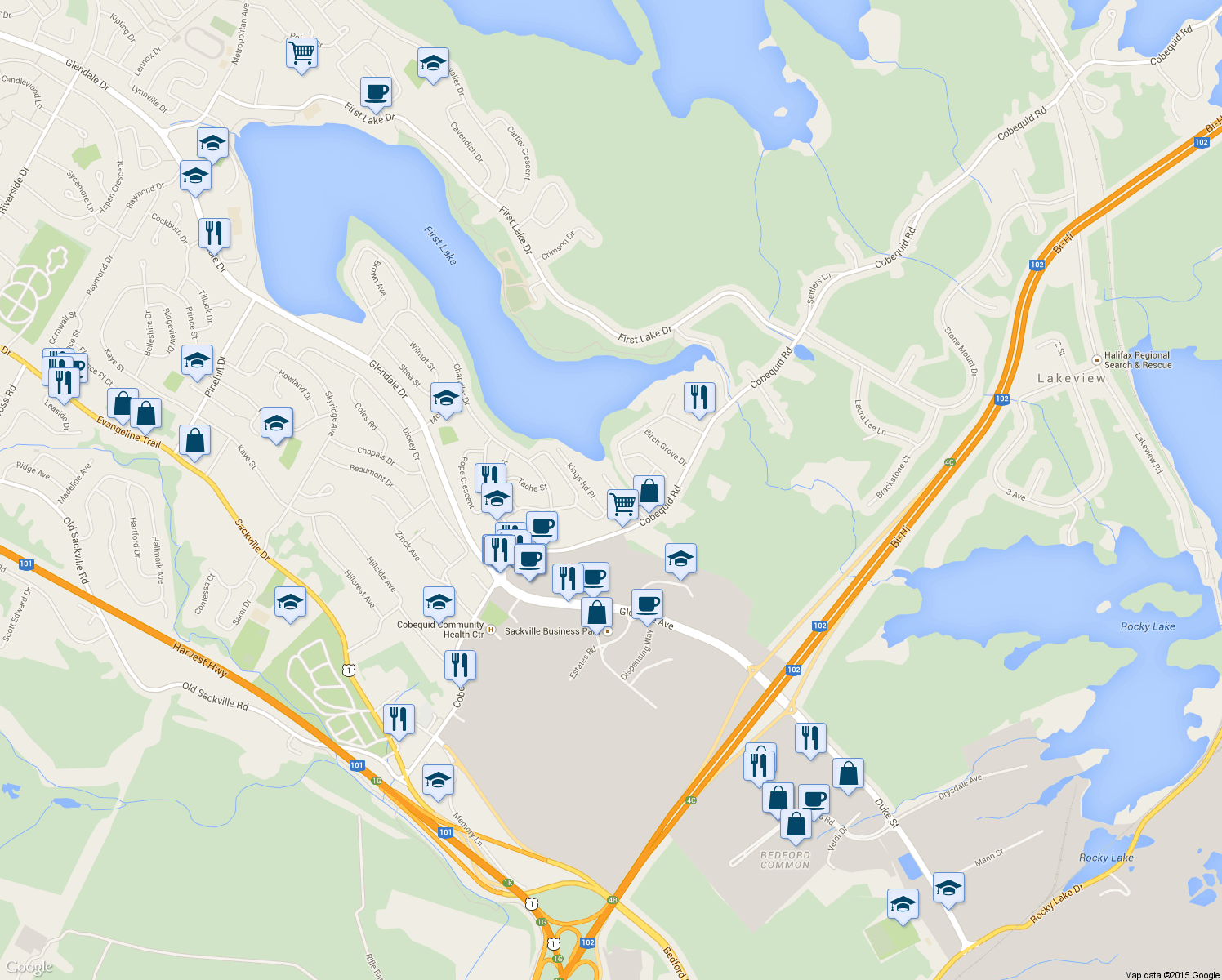 map of restaurants, bars, coffee shops, grocery stores, and more near 42 Judy Anne Court in Lower Sackville