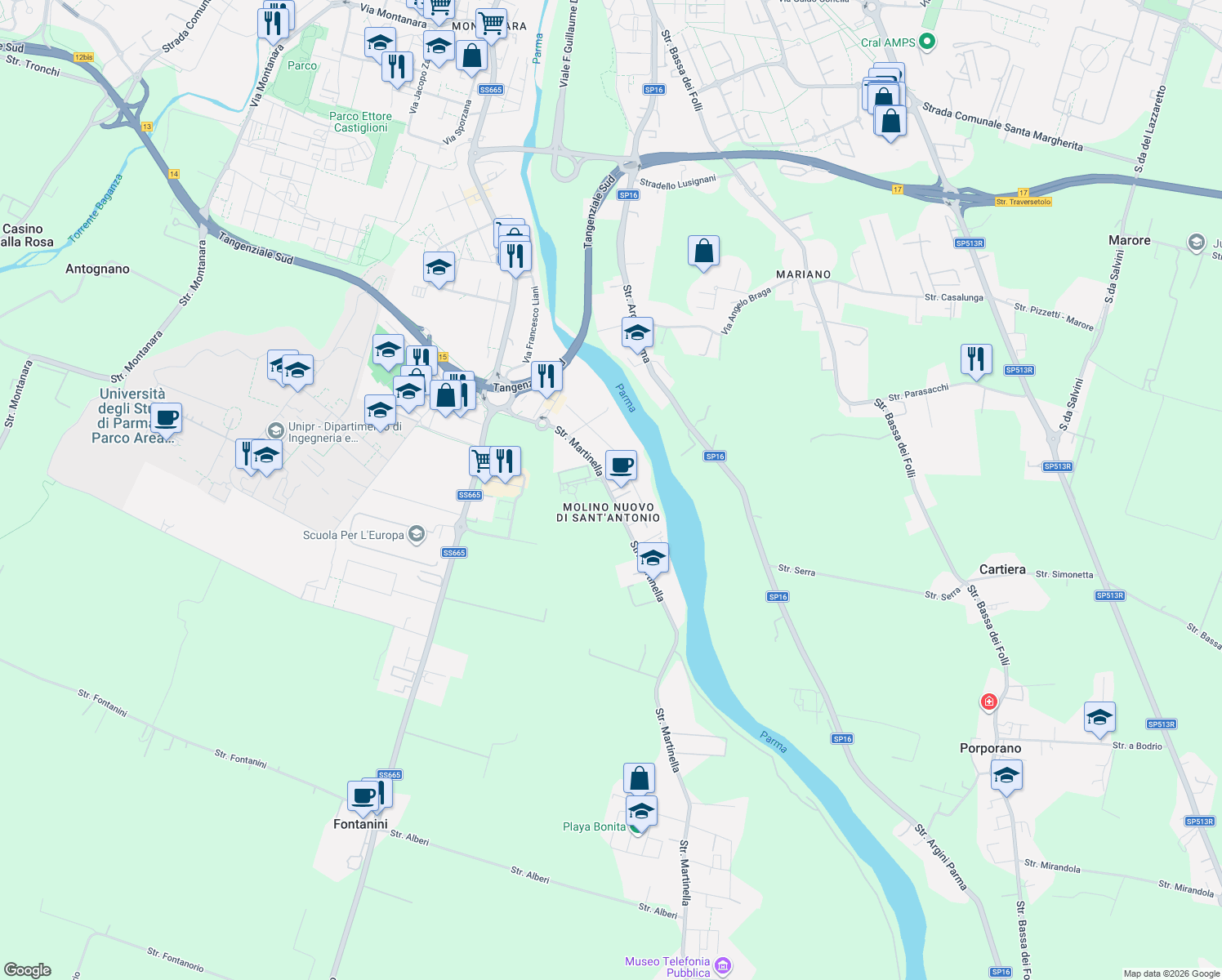 map of restaurants, bars, coffee shops, grocery stores, and more near 113 Strada Martinella in Alberi