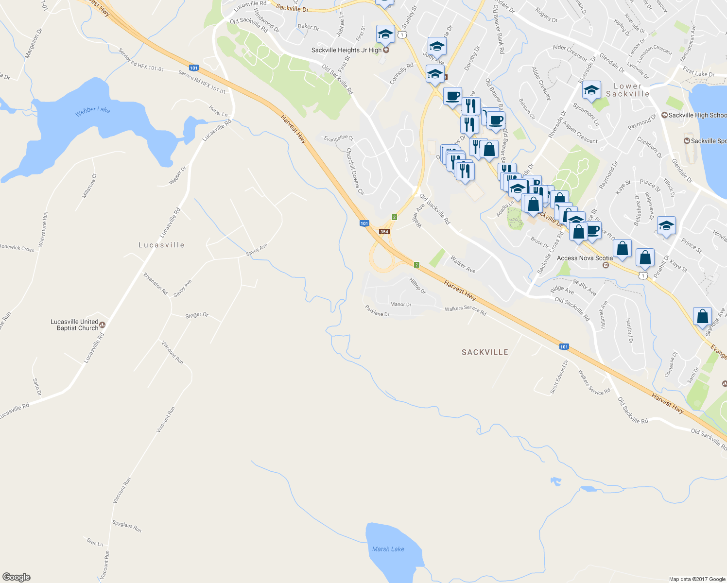 map of restaurants, bars, coffee shops, grocery stores, and more near 223 Parklane Drive in Lower Sackville