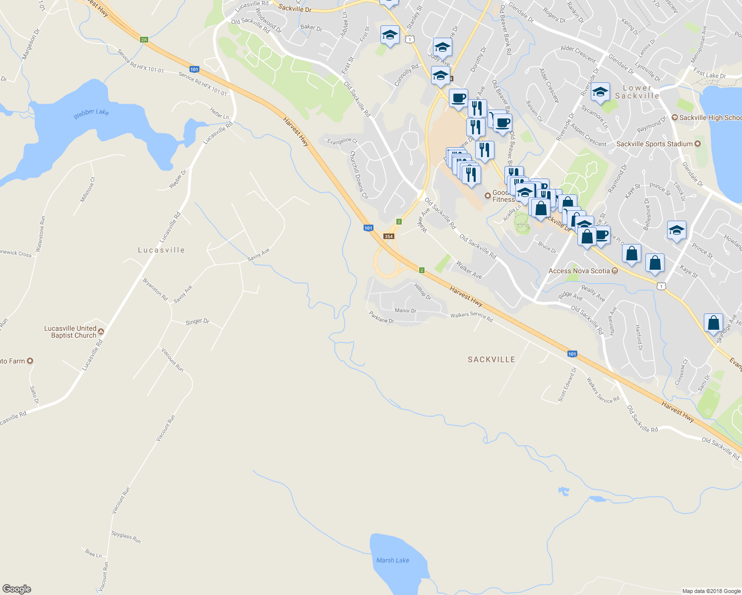 map of restaurants, bars, coffee shops, grocery stores, and more near 214 Parklane Drive in Lower Sackville