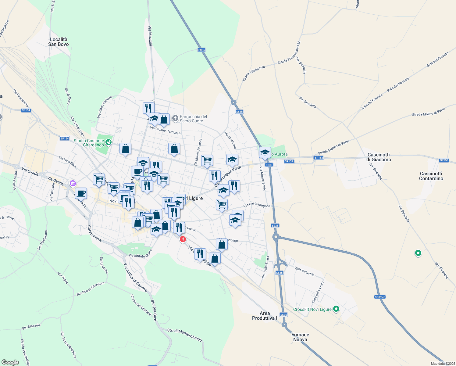 map of restaurants, bars, coffee shops, grocery stores, and more near 4 Via Fiume in Novi Ligure
