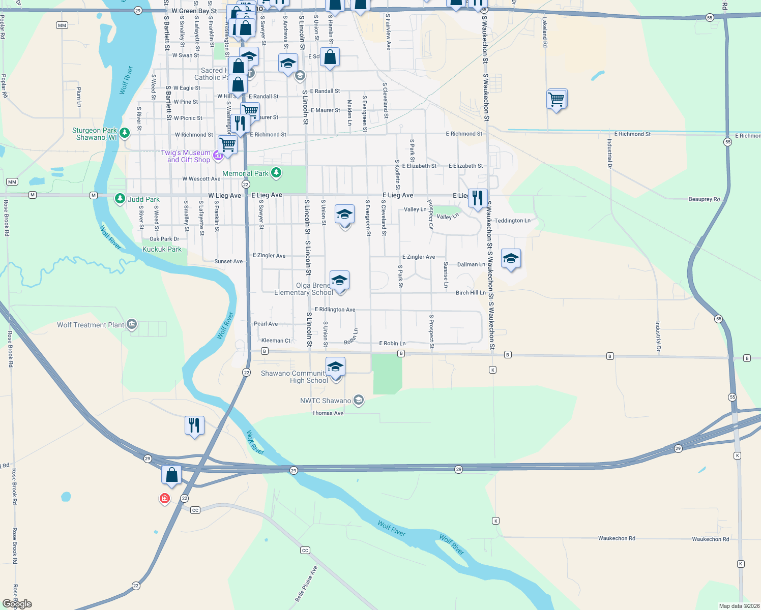 map of restaurants, bars, coffee shops, grocery stores, and more near 909 East Ridlington Avenue in Shawano