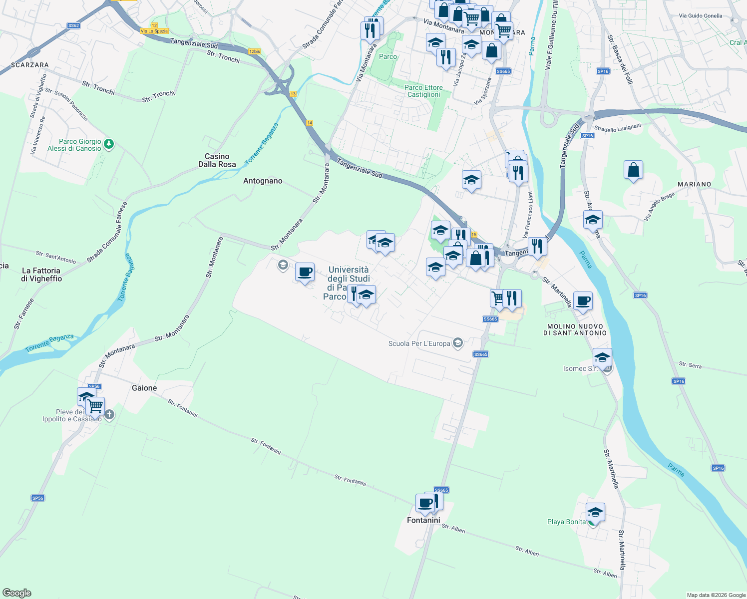 map of restaurants, bars, coffee shops, grocery stores, and more near Parco Area delle Scienze in Parma