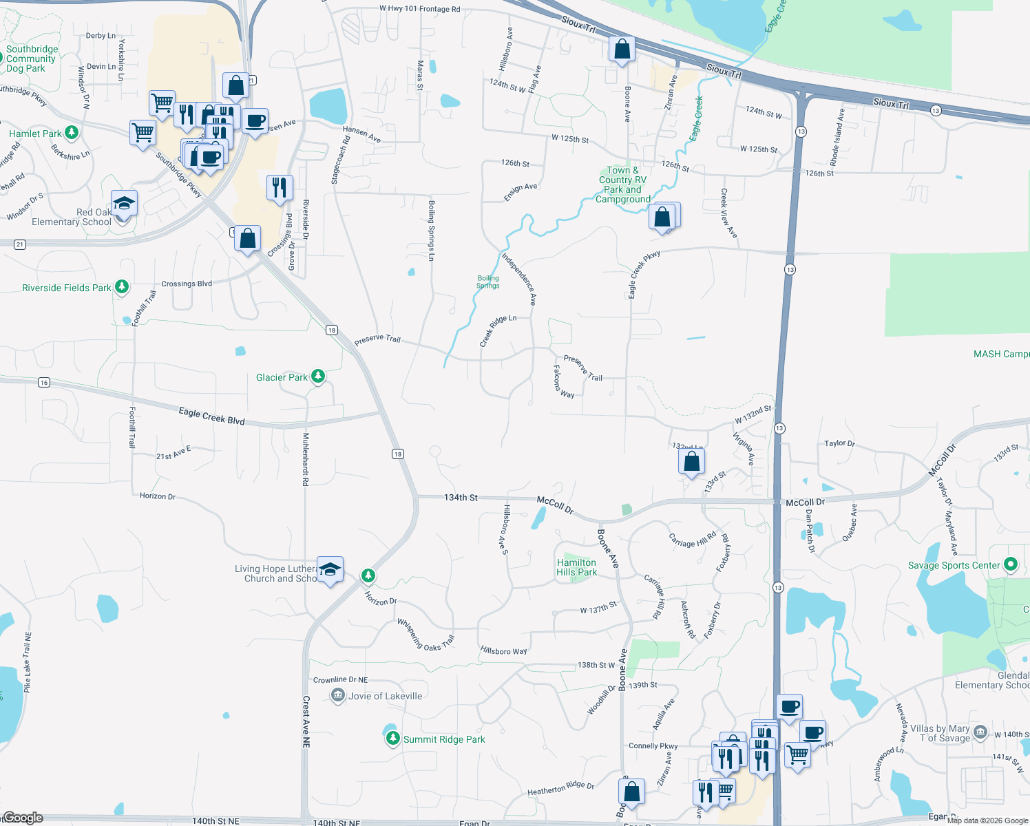 map of restaurants, bars, coffee shops, grocery stores, and more near 13141 Independence Avenue in Savage