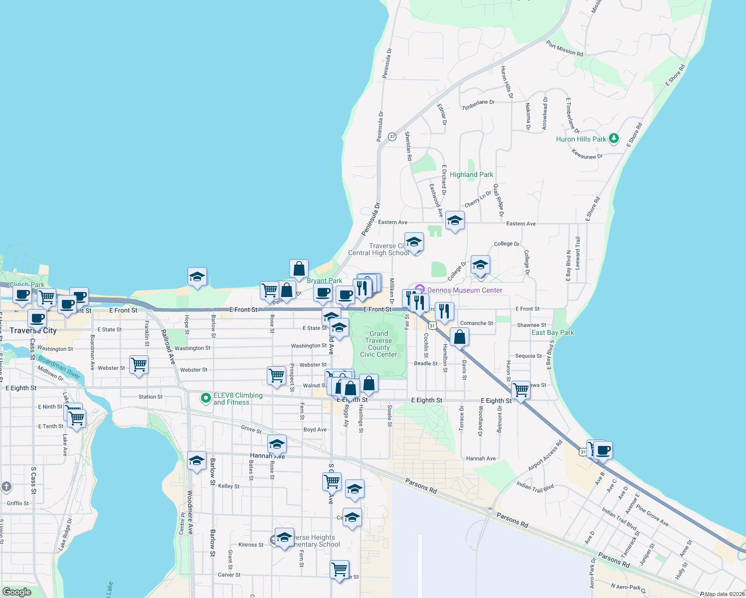 map of restaurants, bars, coffee shops, grocery stores, and more near 1201 East Front Street in Traverse City