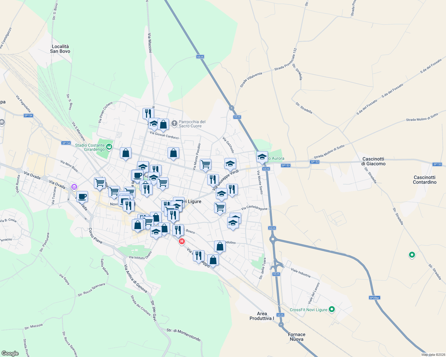 map of restaurants, bars, coffee shops, grocery stores, and more near 4 Via Fiume in Novi Ligure