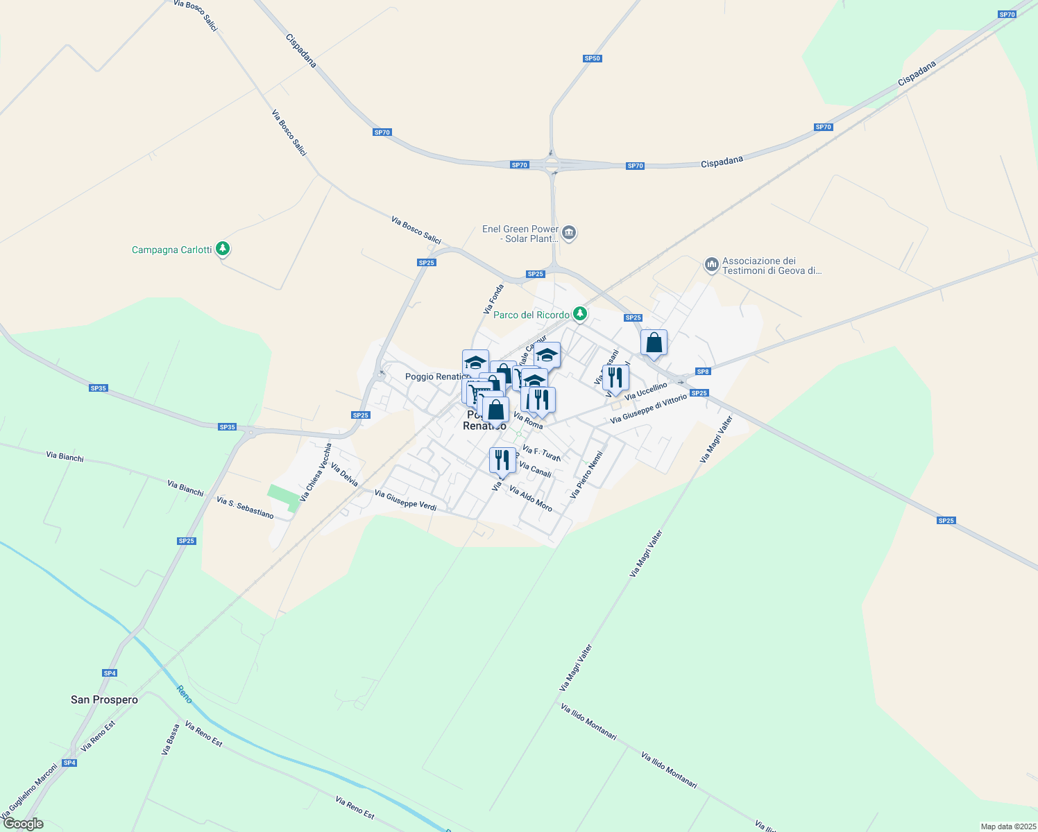 map of restaurants, bars, coffee shops, grocery stores, and more near 47 Viale Cavour in Poggio Renatico