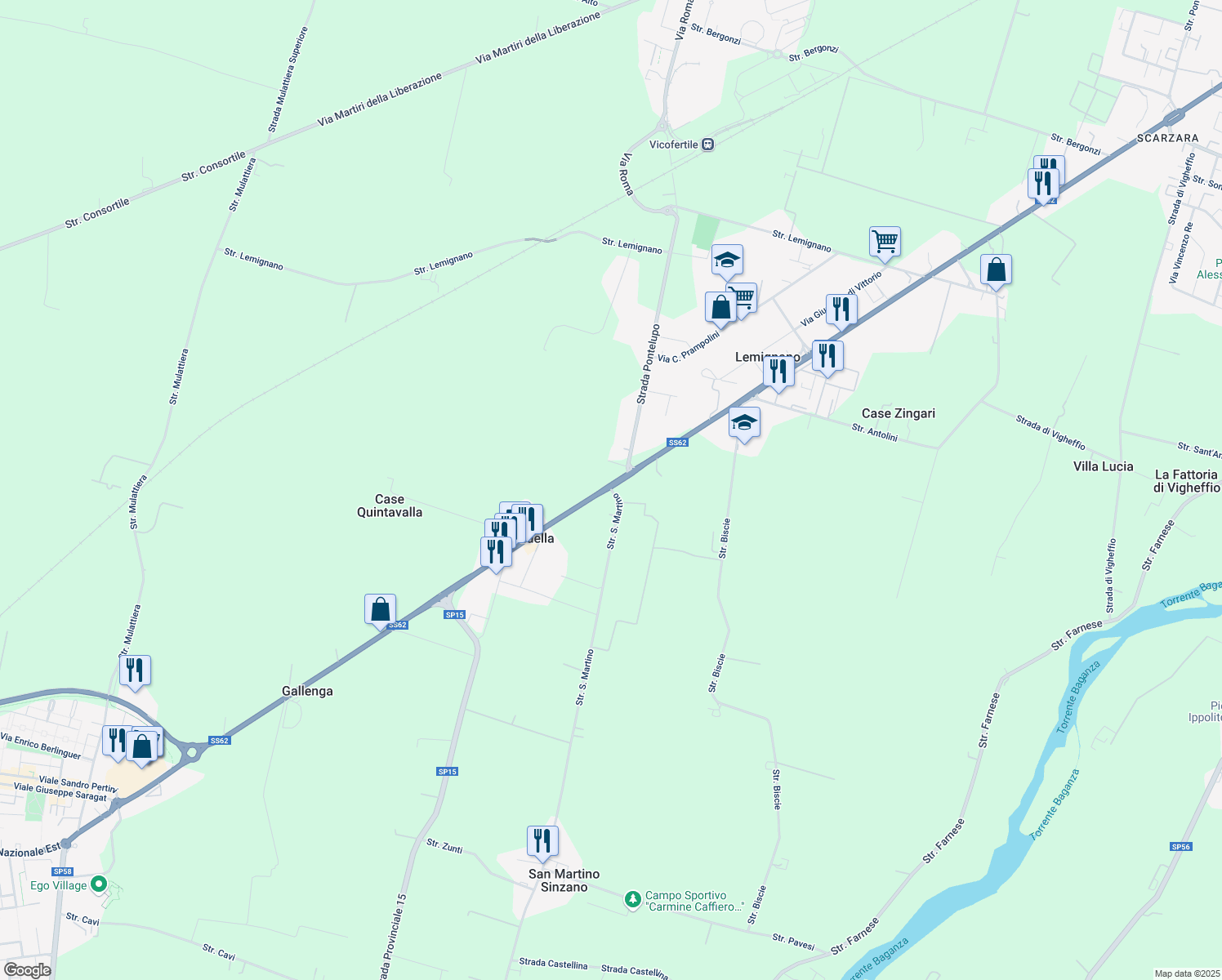 map of restaurants, bars, coffee shops, grocery stores, and more near Strada Regionale 62 in Provincia di Parma