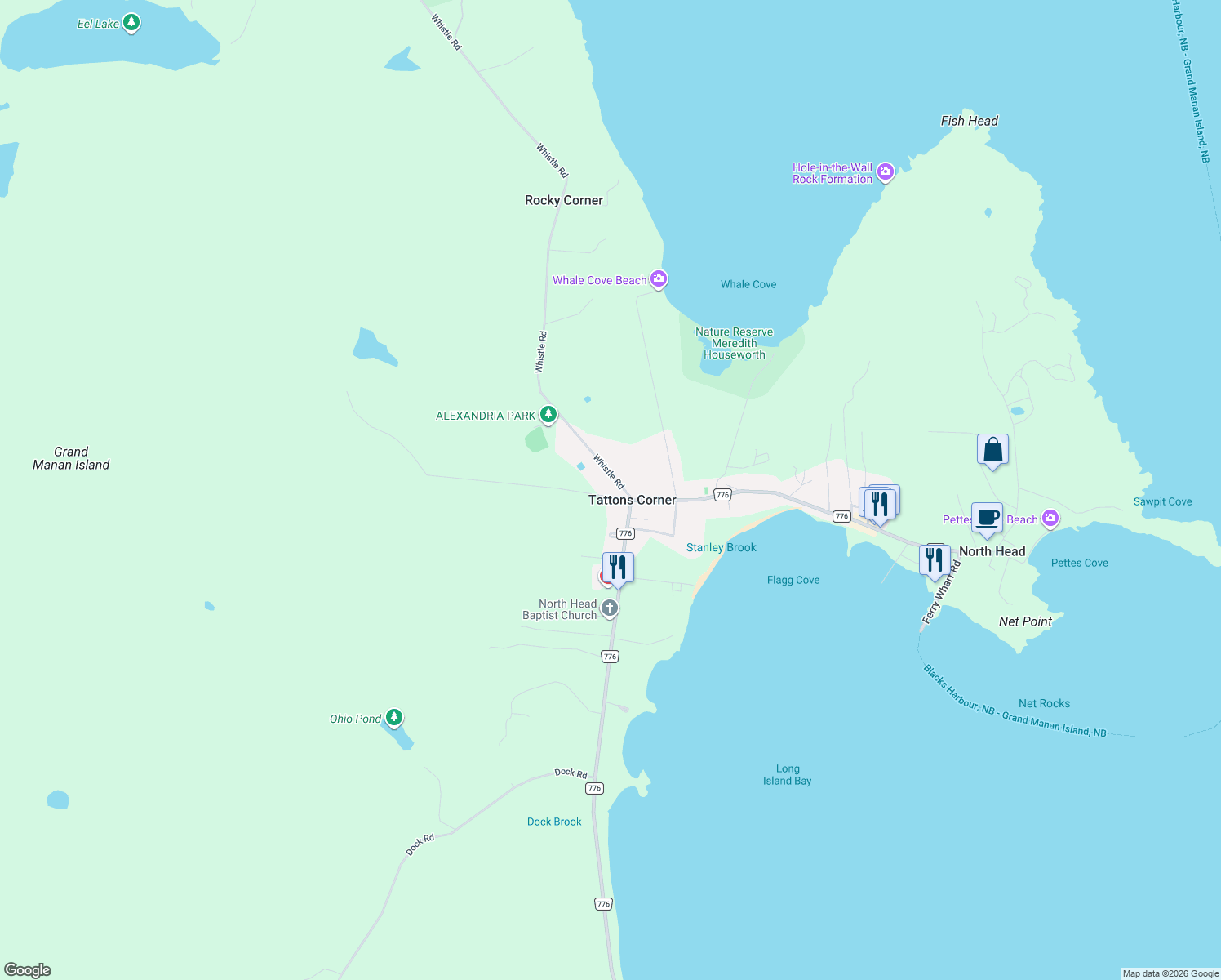 map of restaurants, bars, coffee shops, grocery stores, and more near 5 Whistle Road in Grand Manan